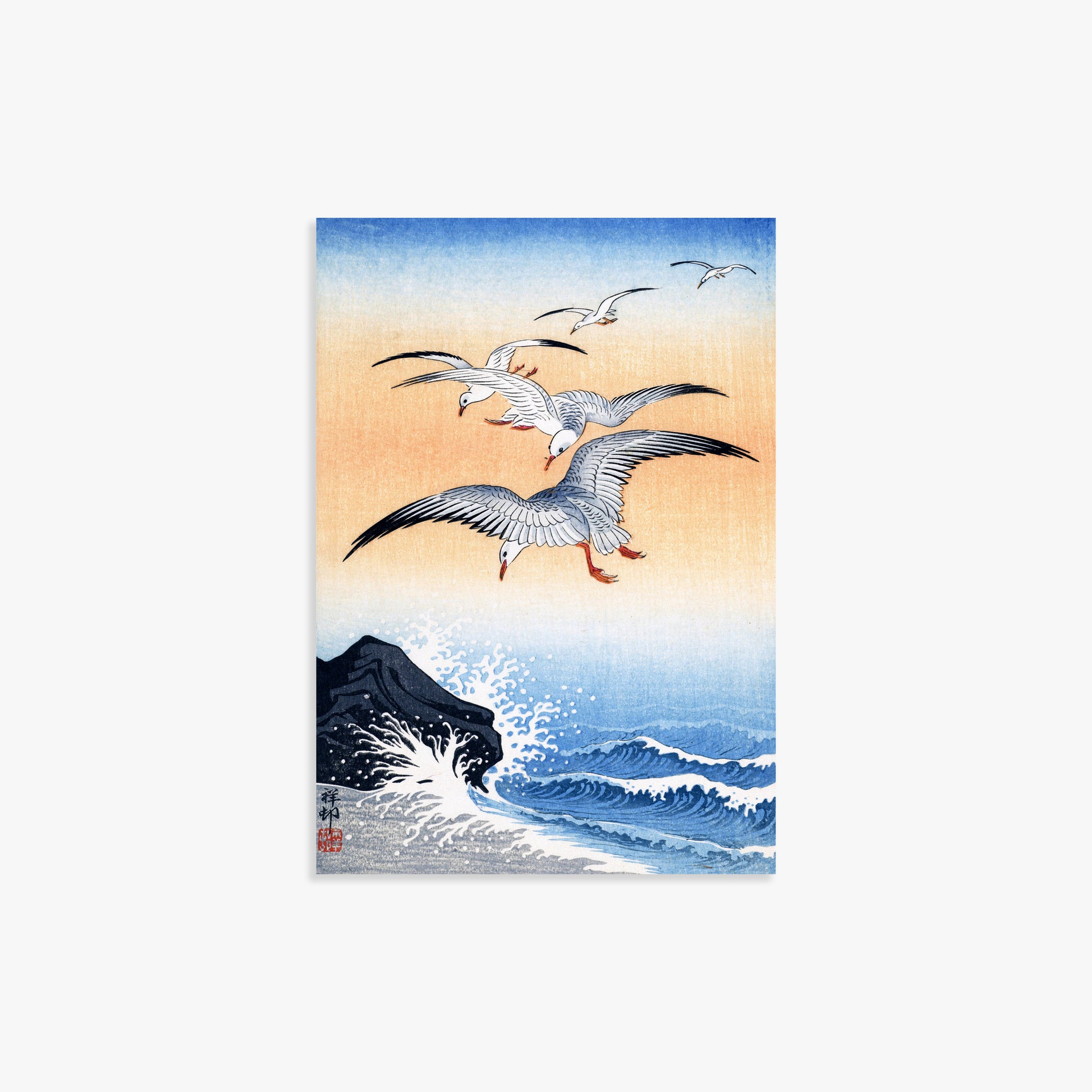 Ohara Koson: Five Seagulls Above Turbulent Sea, 21x30cm Art Reproduction Unframed