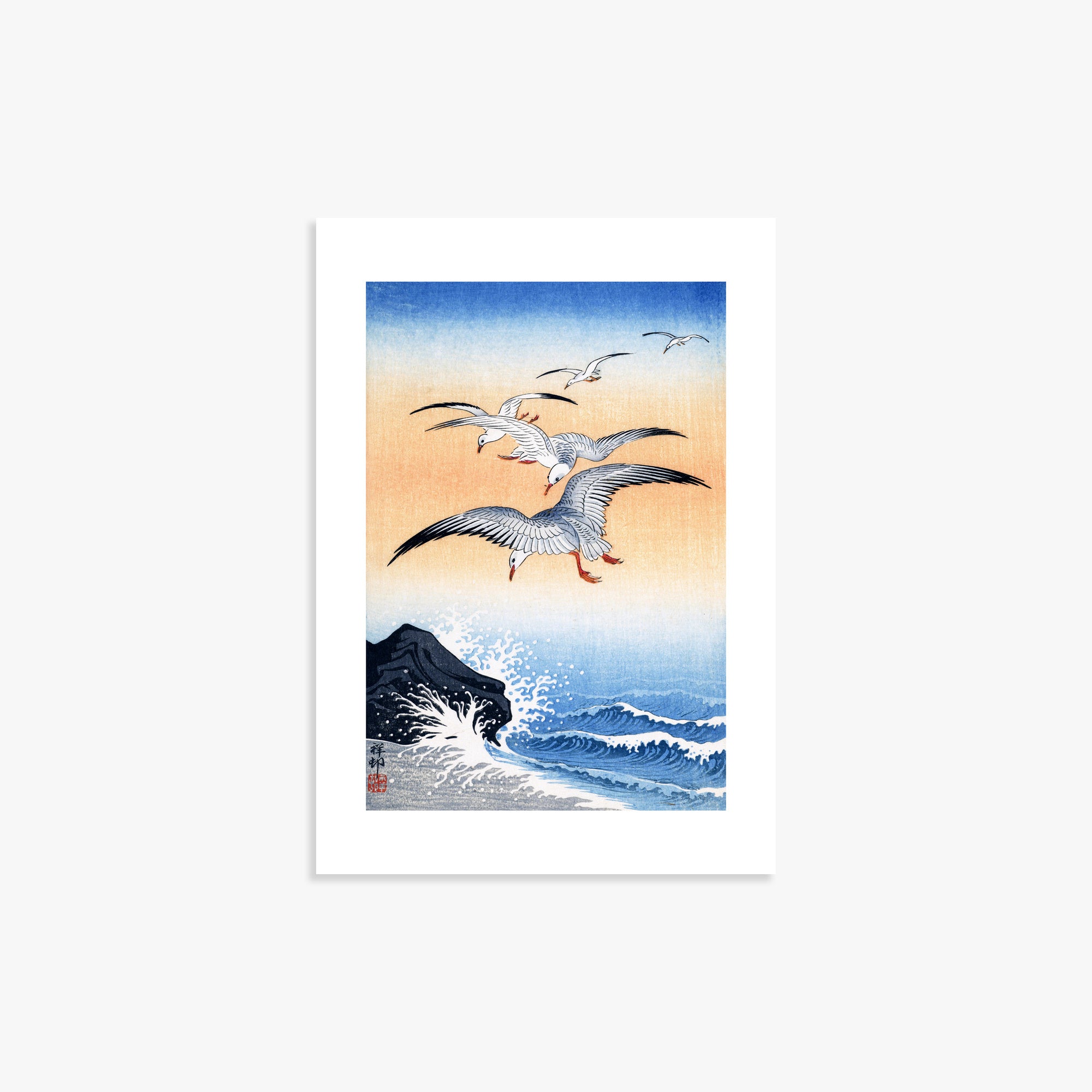 Ohara Koson: Five Seagulls Above Turbulent Sea, 21x30cm Art Reproduction Unframed