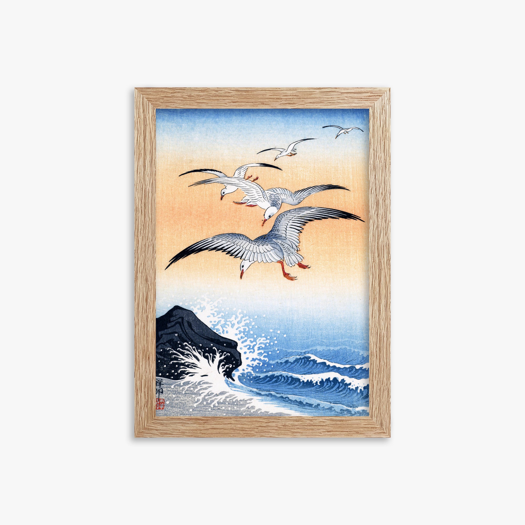 Ohara Koson: Five Seagulls Above Turbulent Sea, 21x30cm Framed Art Reproduction With Raw Oak Frame