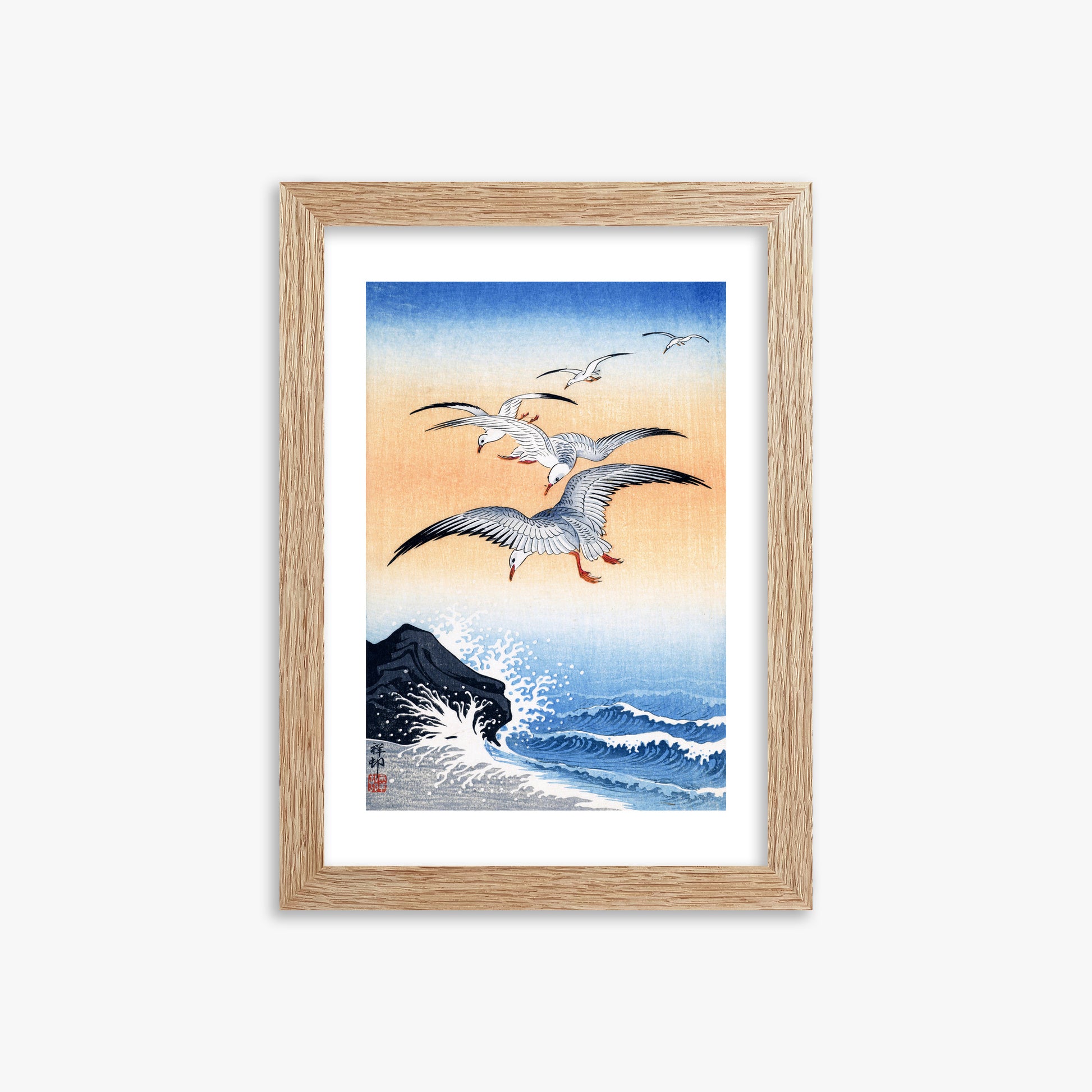 Ohara Koson: Five Seagulls Above Turbulent Sea, 21x30cm Framed Art Reproduction With Raw Oak Frame