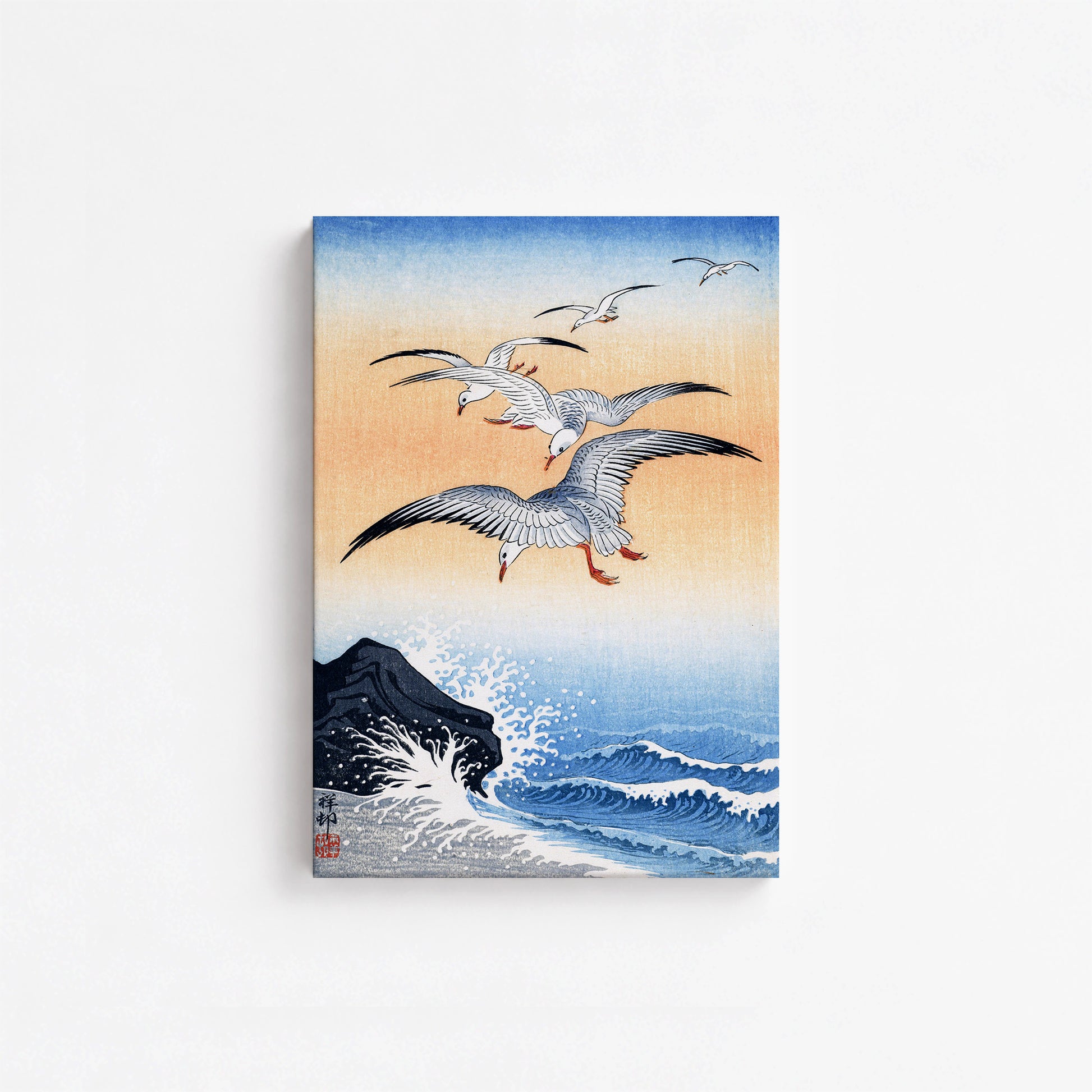 Ohara Koson: Five Seagulls Above Turbulent Sea, 21x30cm Satin Canvas Art Reproduction