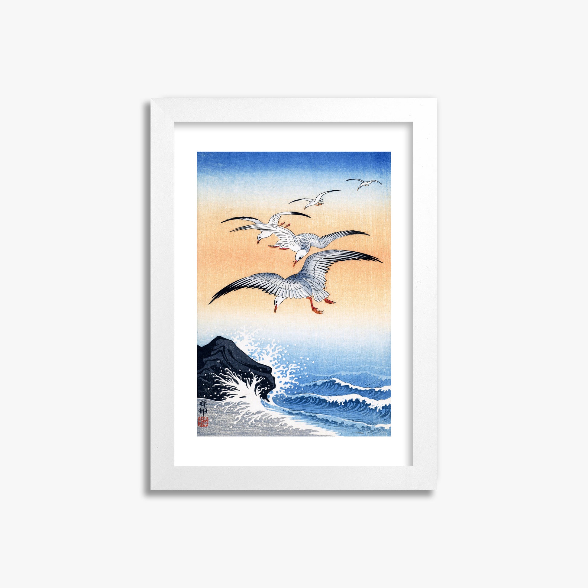 Ohara Koson: Five Seagulls Above Turbulent Sea, 21x30cm Framed Art Reproduction With White Frame
