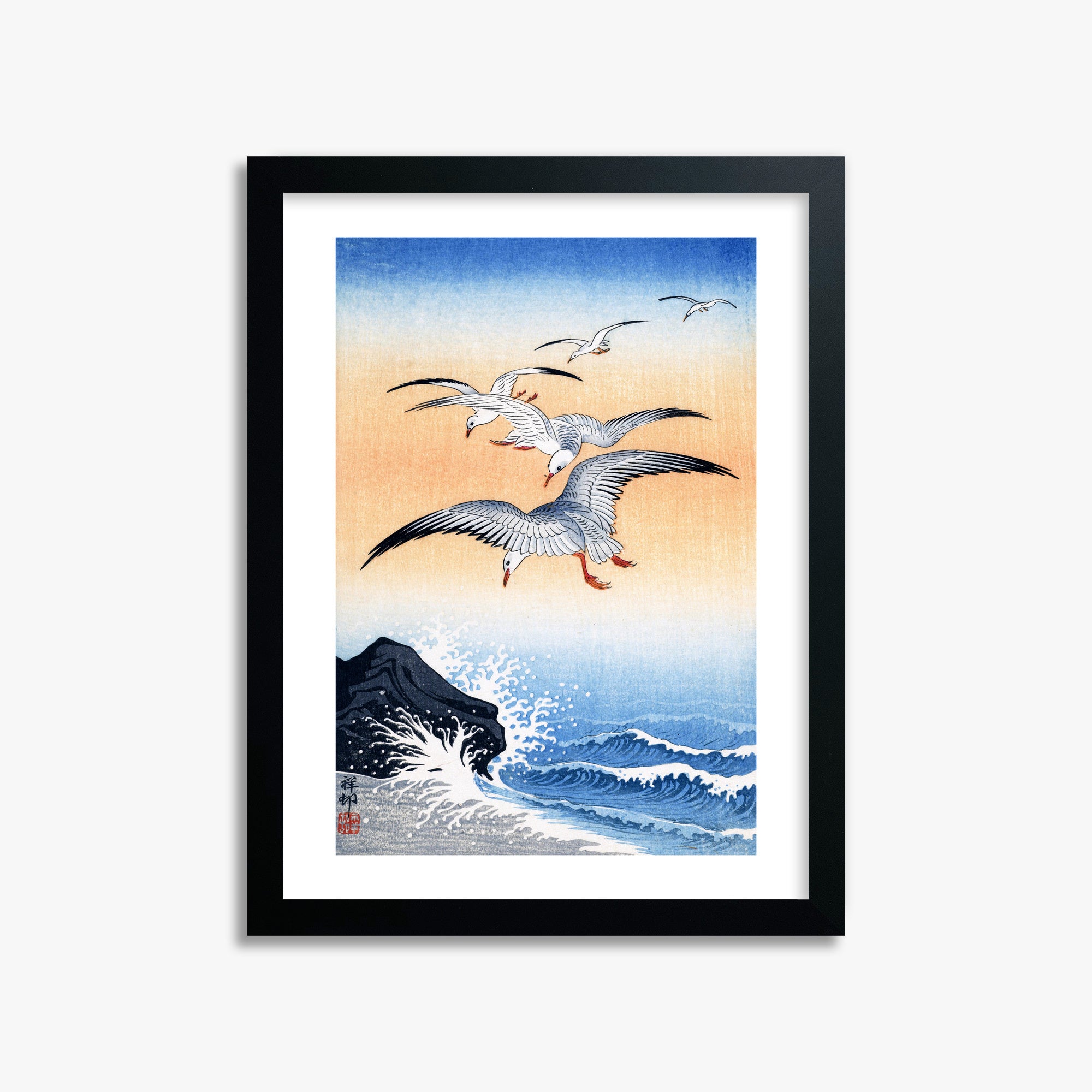 Ohara Koson: Five Seagulls Above Turbulent Sea, 30x40cm Framed Art Reproduction With Black Frame