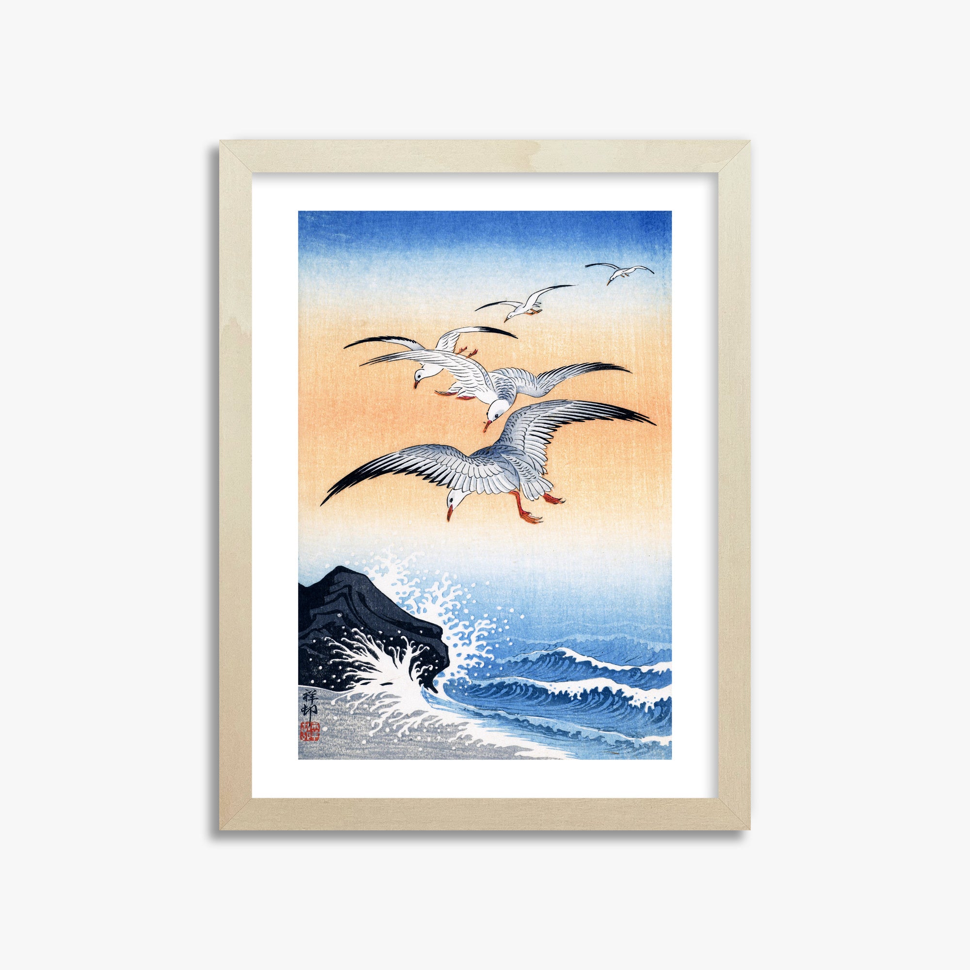 Ohara Koson: Five Seagulls Above Turbulent Sea, 30x40cm Framed Art Reproduction With Lime Wood Frame