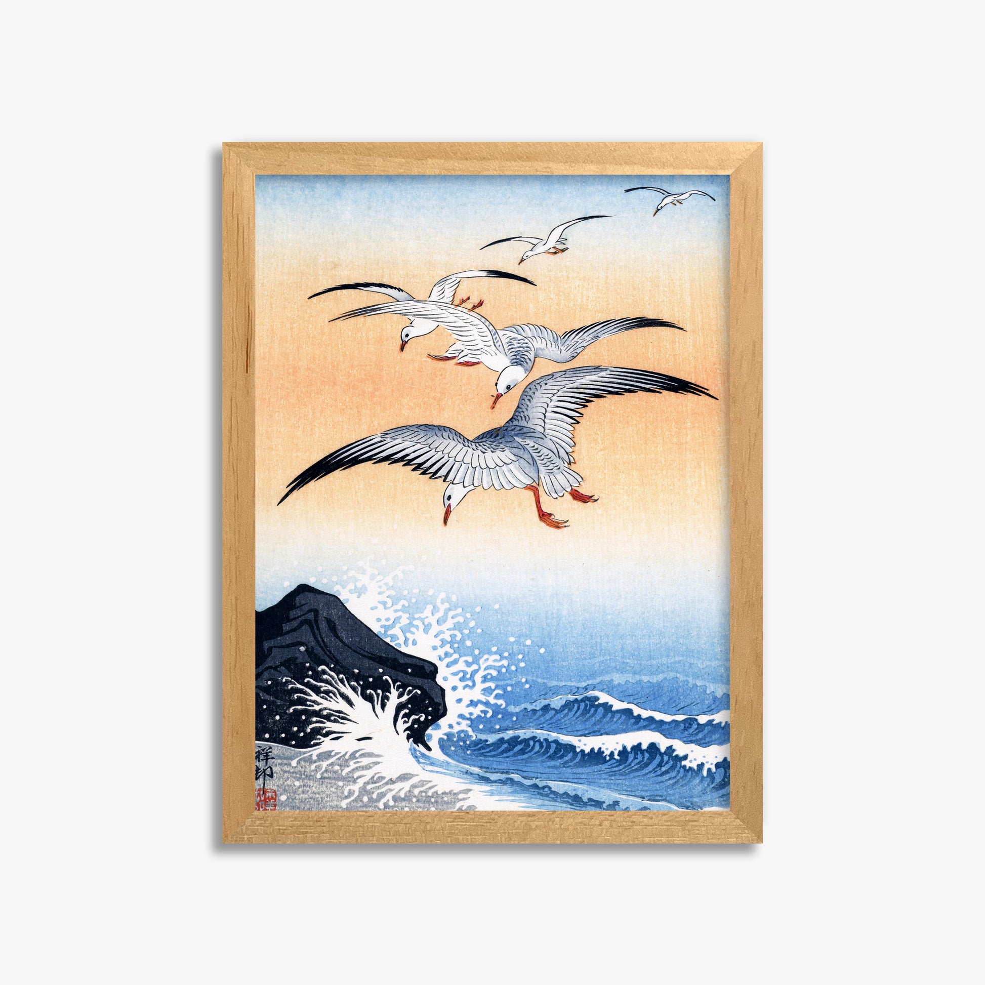 Ohara Koson: Five Seagulls Above Turbulent Sea, 30x40cm Framed Art Reproduction With Oak Frame