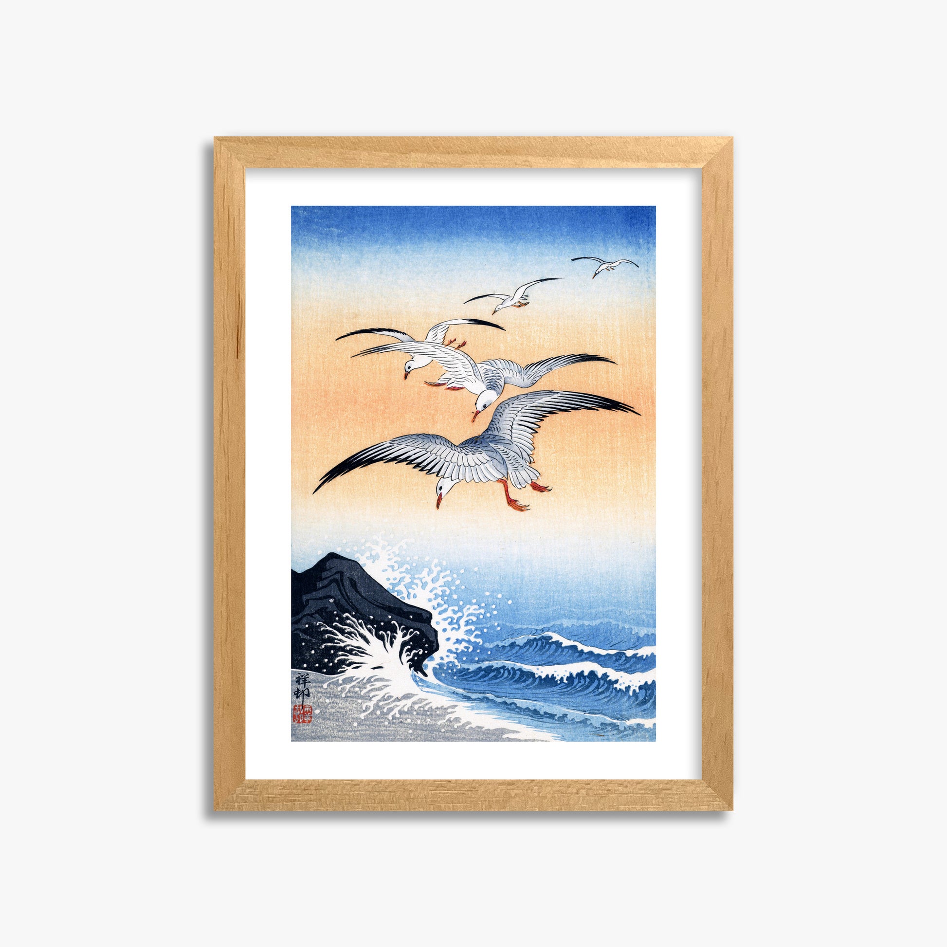 Ohara Koson: Five Seagulls Above Turbulent Sea, 30x40cm Framed Art Reproduction With Oak Frame
