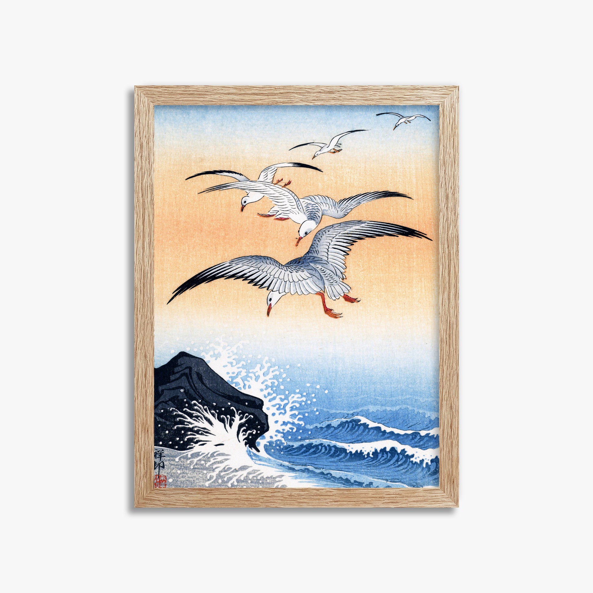 Ohara Koson: Five Seagulls Above Turbulent Sea, 30x40cm Framed Art Reproduction With Raw Oak Frame
