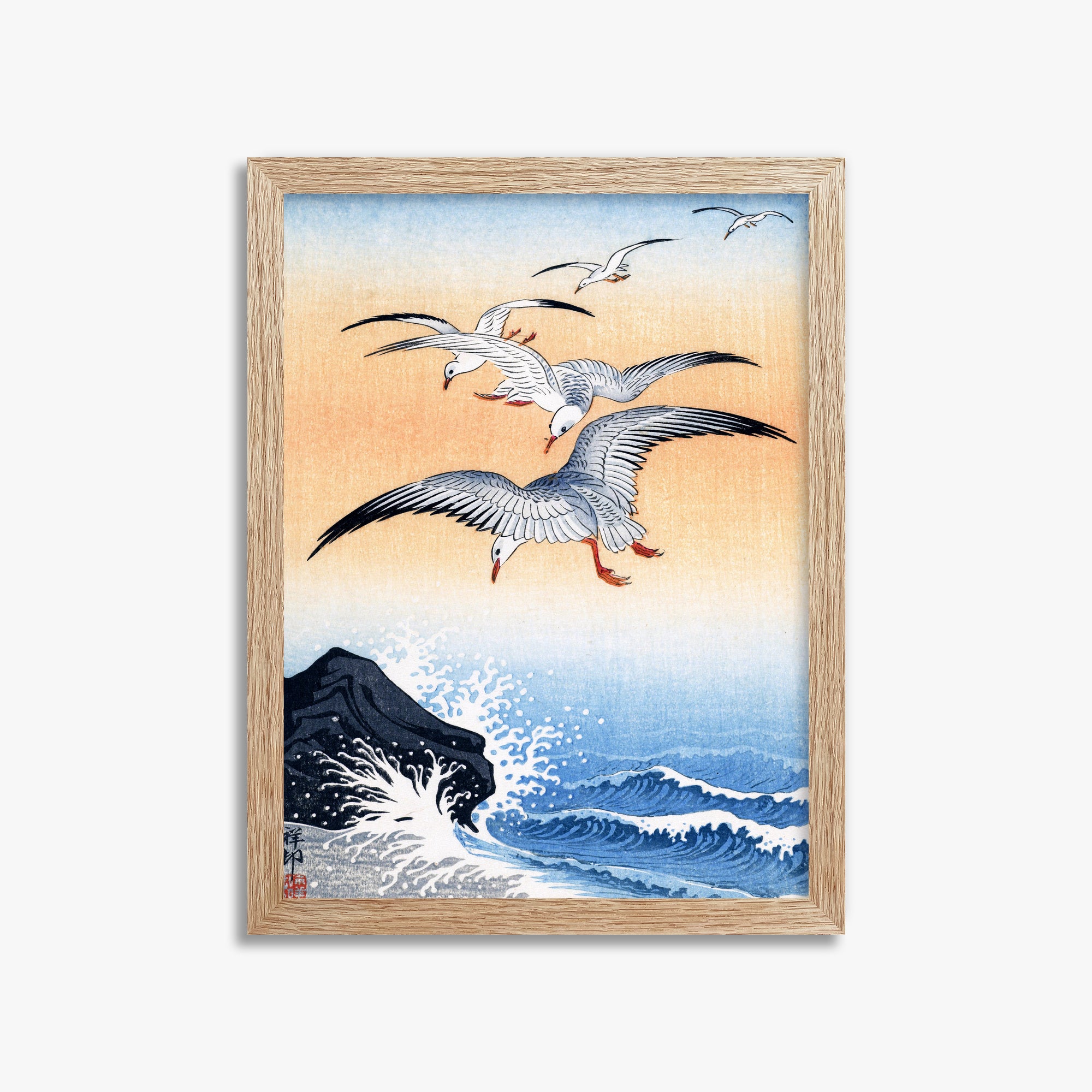 Ohara Koson: Five Seagulls Above Turbulent Sea, 30x40cm Framed Art Reproduction With Raw Oak Frame