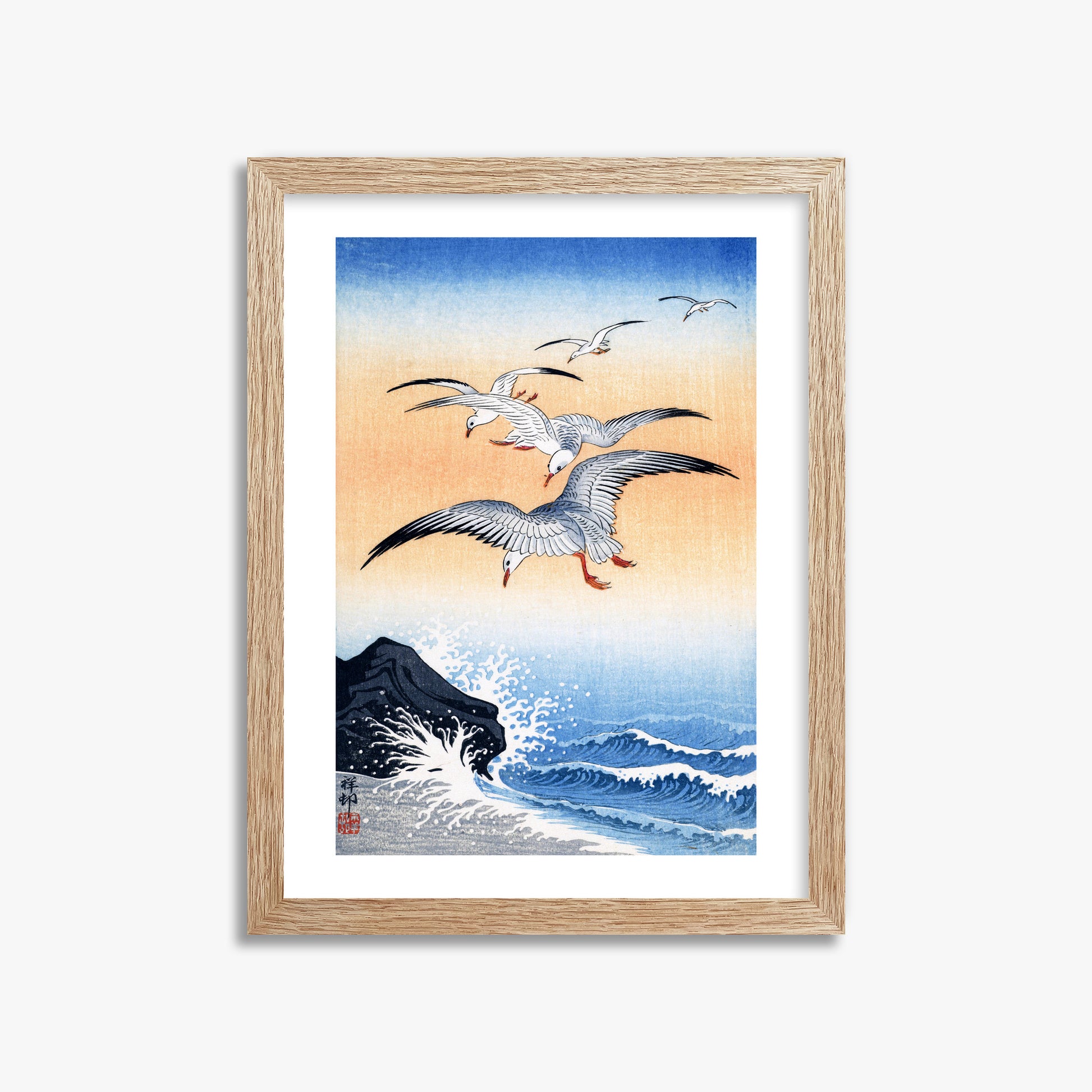 Ohara Koson: Five Seagulls Above Turbulent Sea, 30x40cm Framed Art Reproduction With Raw Oak Frame