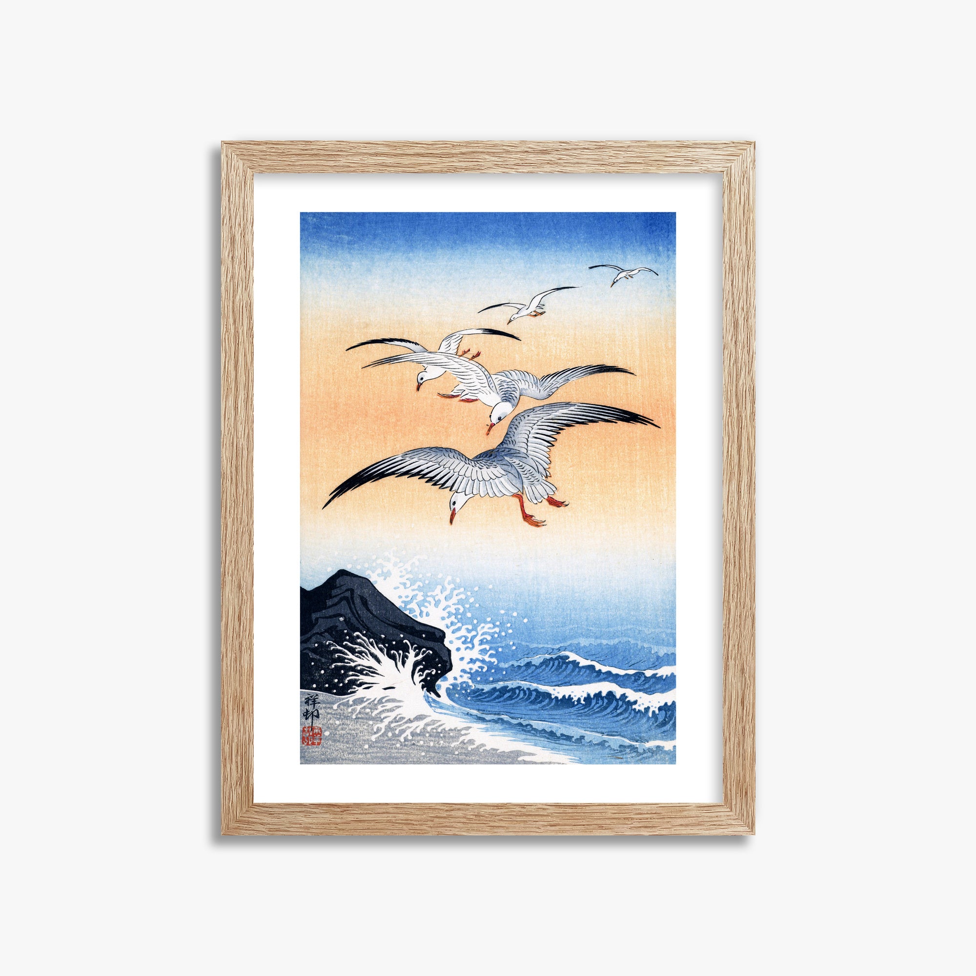 Ohara Koson: Five Seagulls Above Turbulent Sea, 30x40cm Framed Art Reproduction With Raw Oak Frame