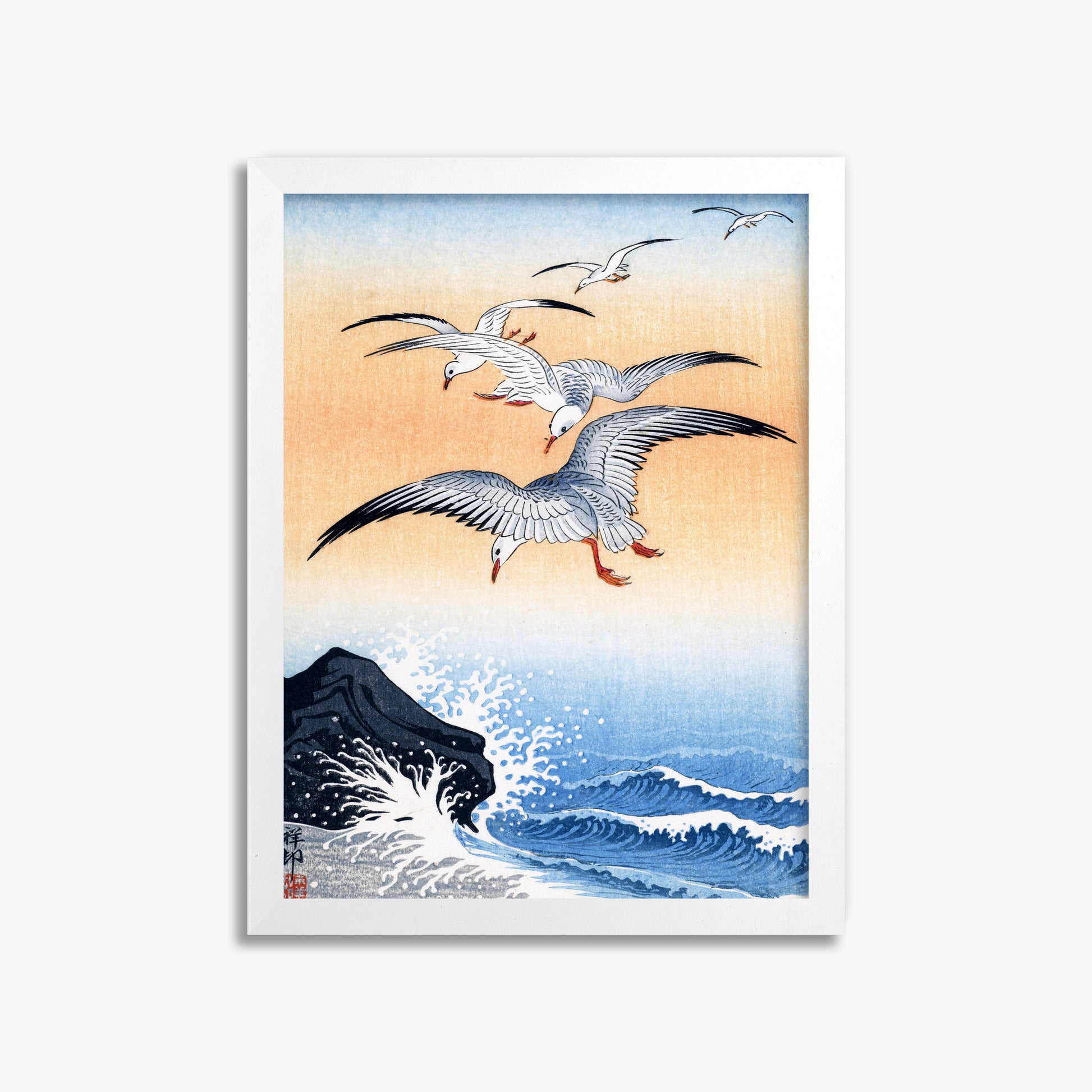 Ohara Koson: Five Seagulls Above Turbulent Sea, 30x40cm Framed Art Reproduction With White Frame