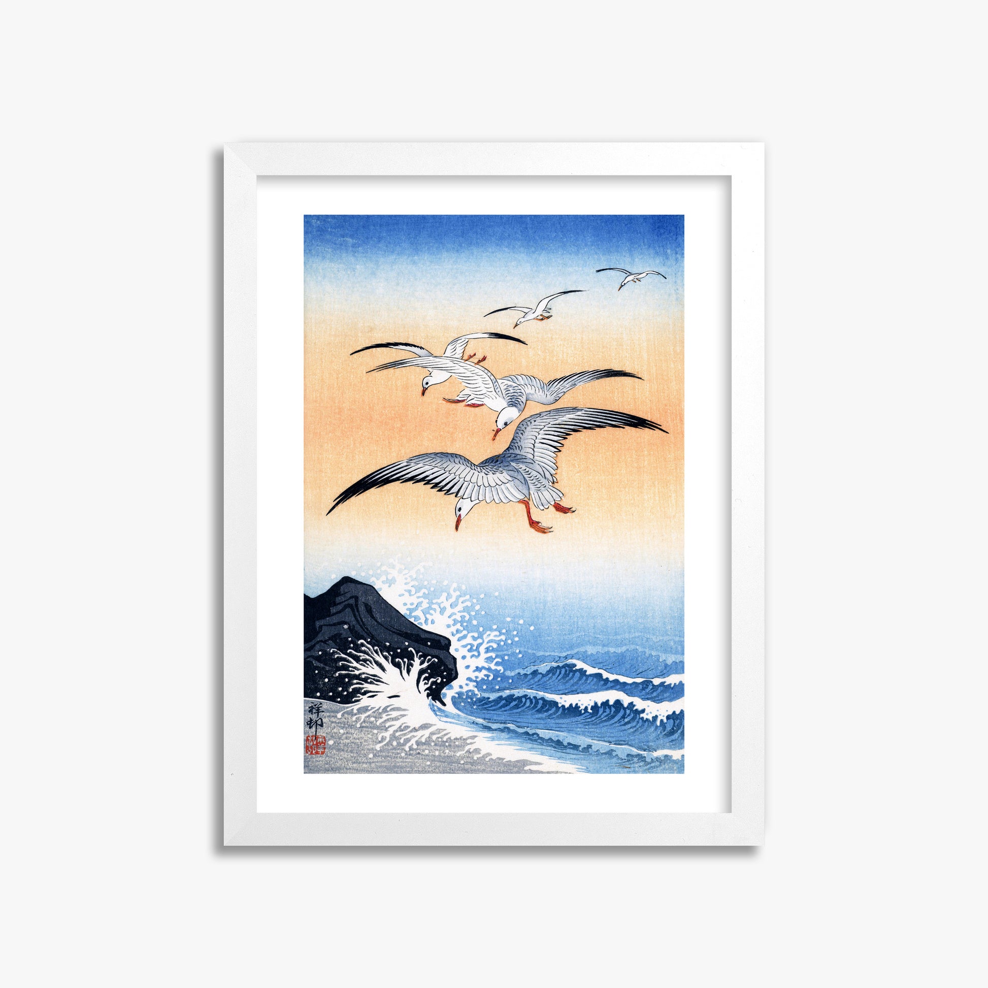 Ohara Koson: Five Seagulls Above Turbulent Sea, 30x40cm Framed Art Reproduction With White Frame