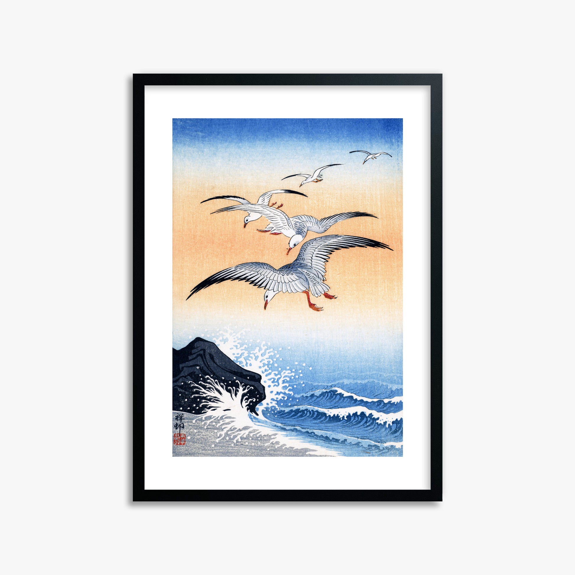 Ohara Koson: Five Seagulls Above Turbulent Sea, 50x70cm Framed Art Reproduction With Black Frame