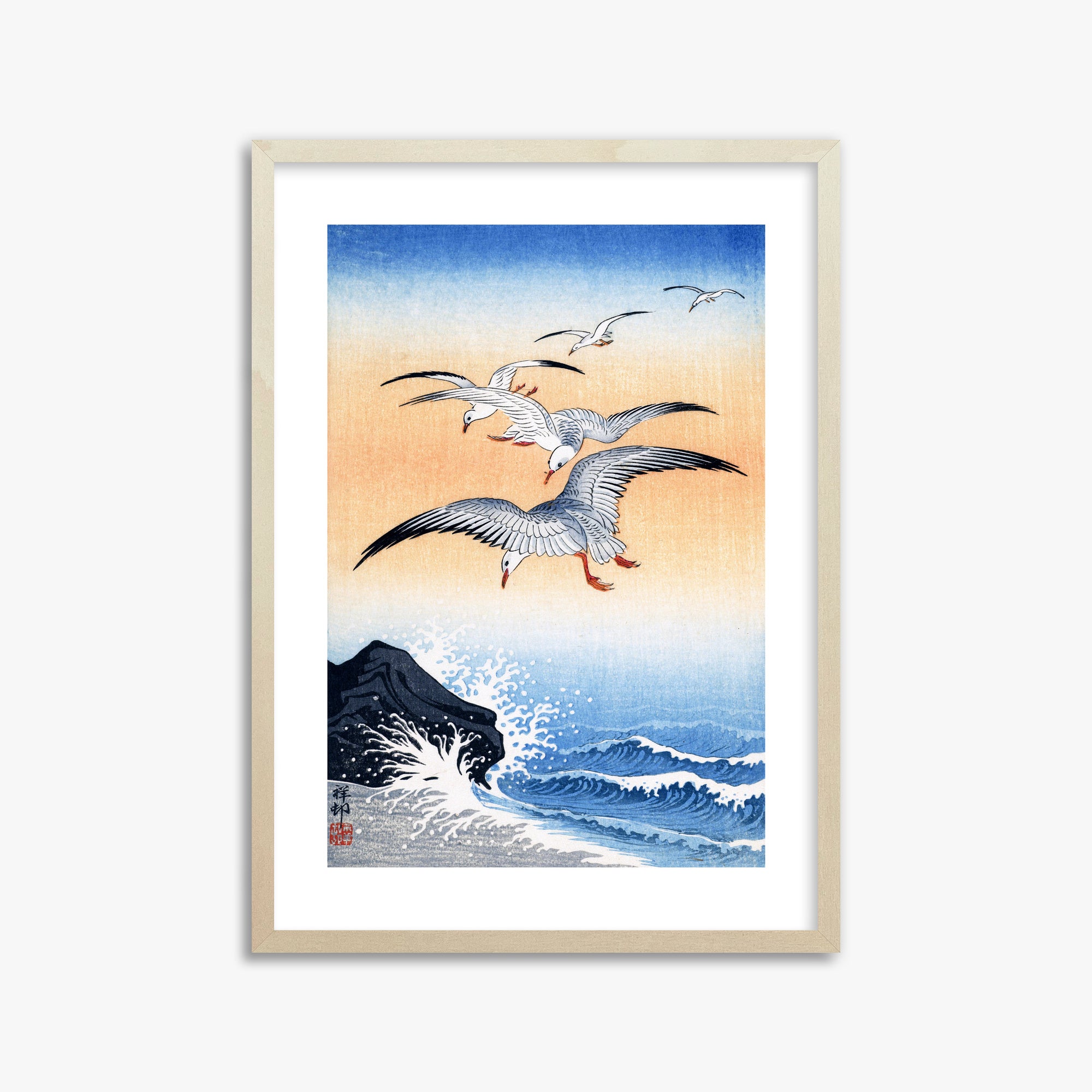 Ohara Koson: Five Seagulls Above Turbulent Sea, 50x70cm Framed Art Reproduction With Lime Wood Frame