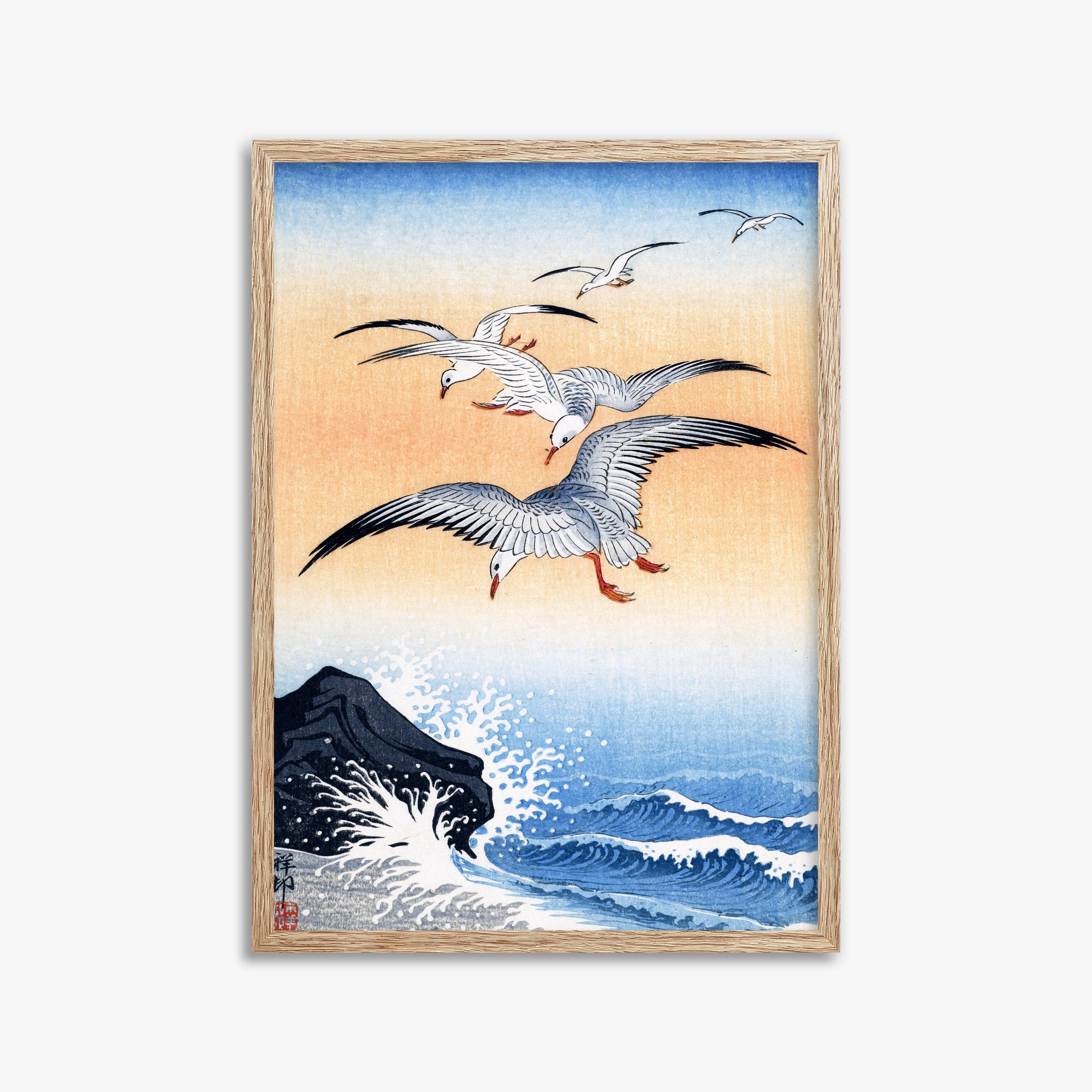 Ohara Koson: Five Seagulls Above Turbulent Sea, 50x70cm Framed Art Reproduction With Raw Oak Frame