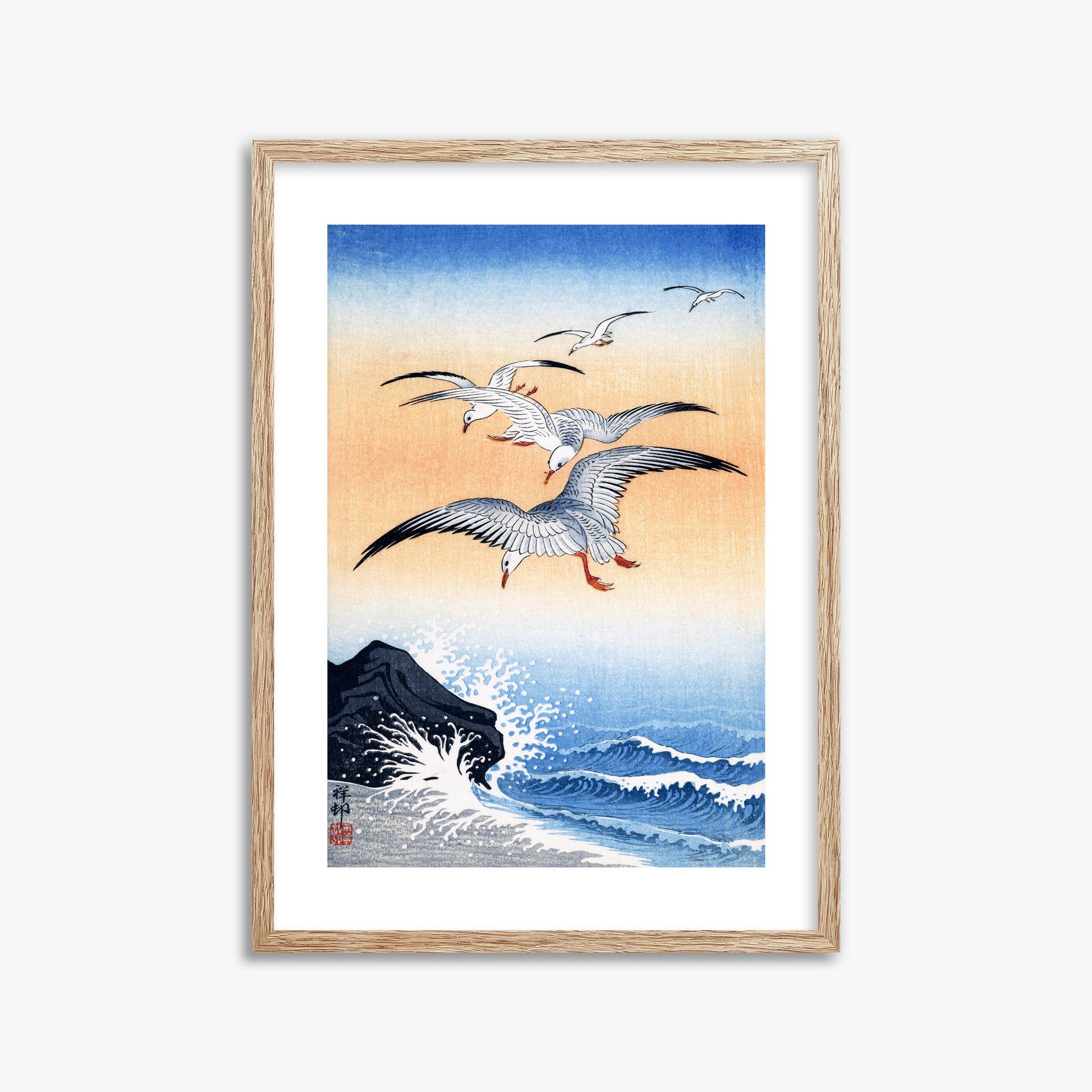Ohara Koson: Five Seagulls Above Turbulent Sea, 50x70cm Framed Art Reproduction With Raw Oak Frame
