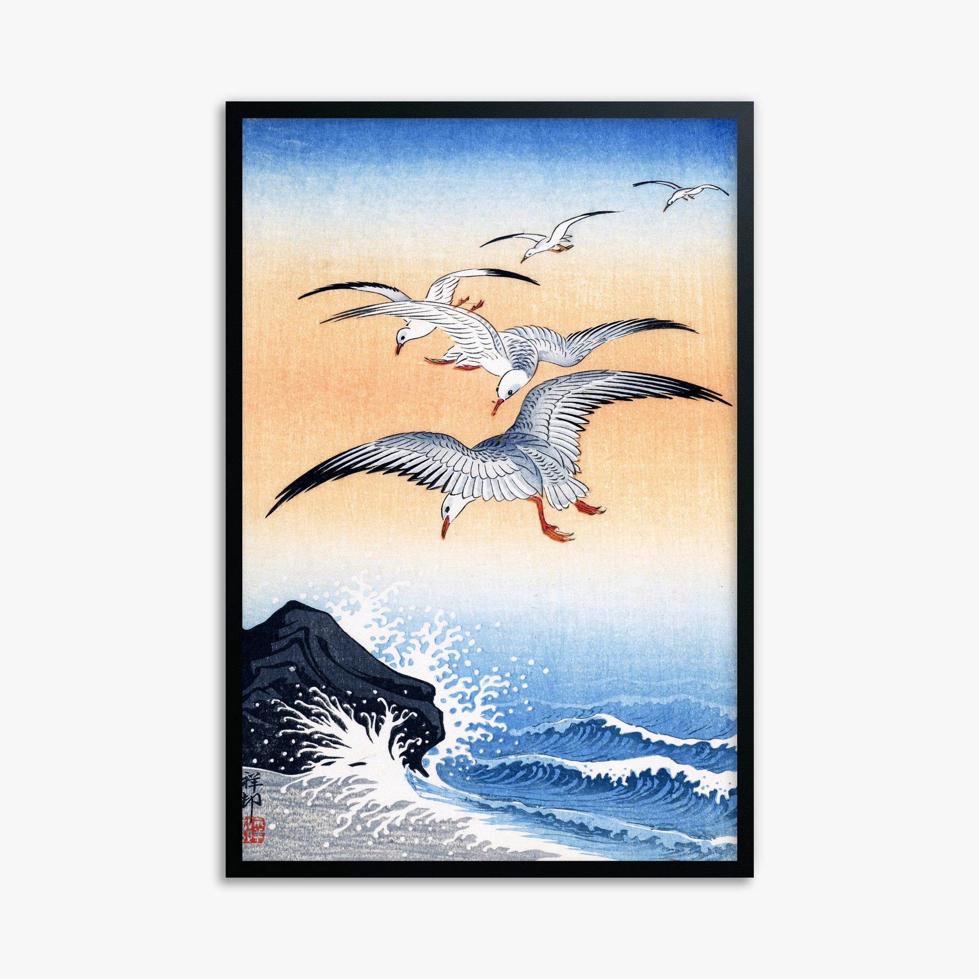 Ohara Koson: Five Seagulls Above Turbulent Sea, 61x91cm Framed Art Reproduction With Black Frame