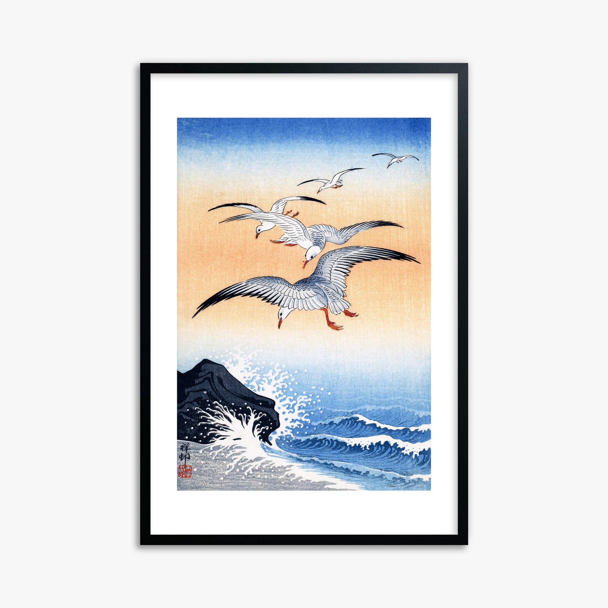 Ohara Koson: Five Seagulls Above Turbulent Sea, 61x91cm Framed Art Reproduction With Black Frame