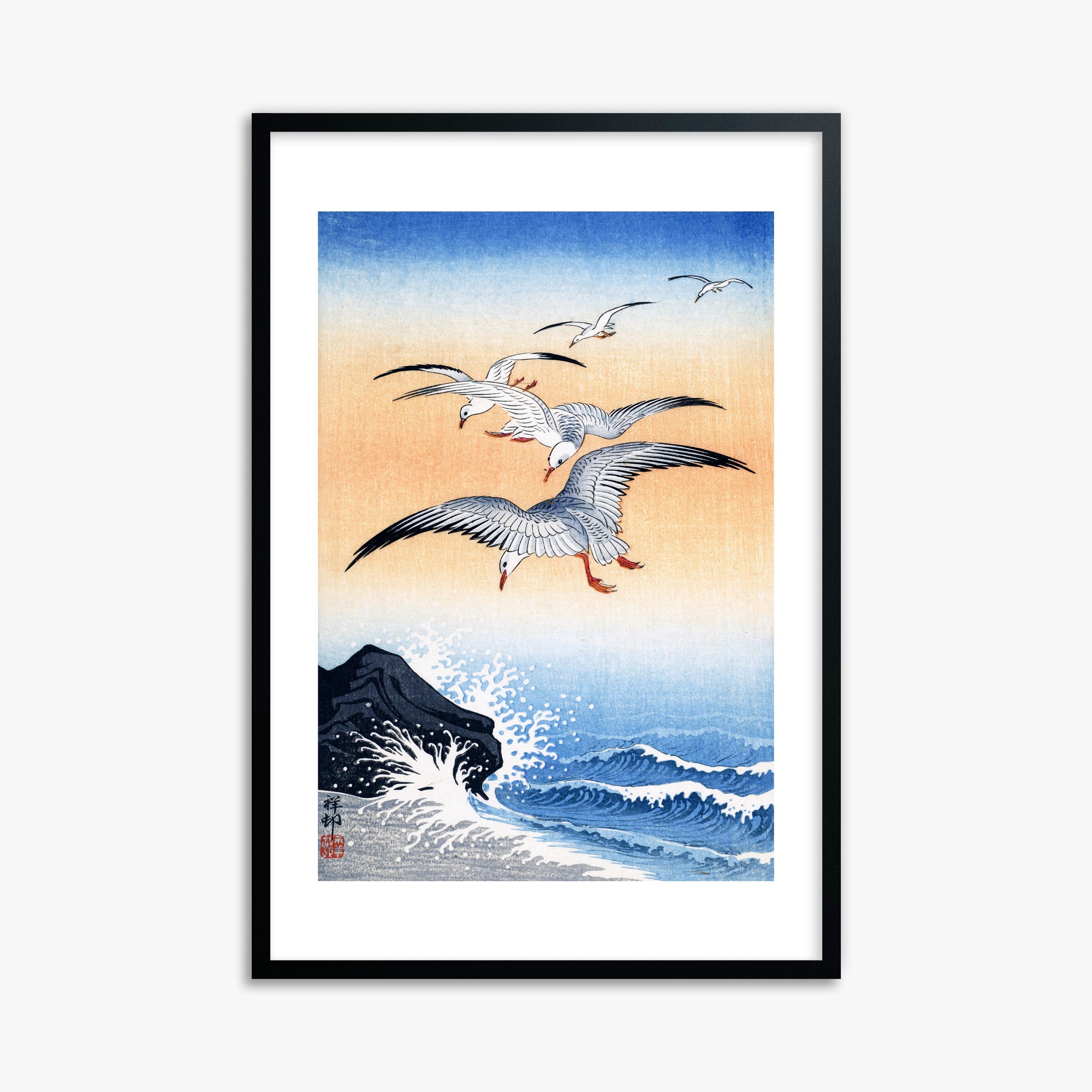 Ohara Koson: Five Seagulls Above Turbulent Sea, 61x91cm Framed Art Reproduction With Black Frame