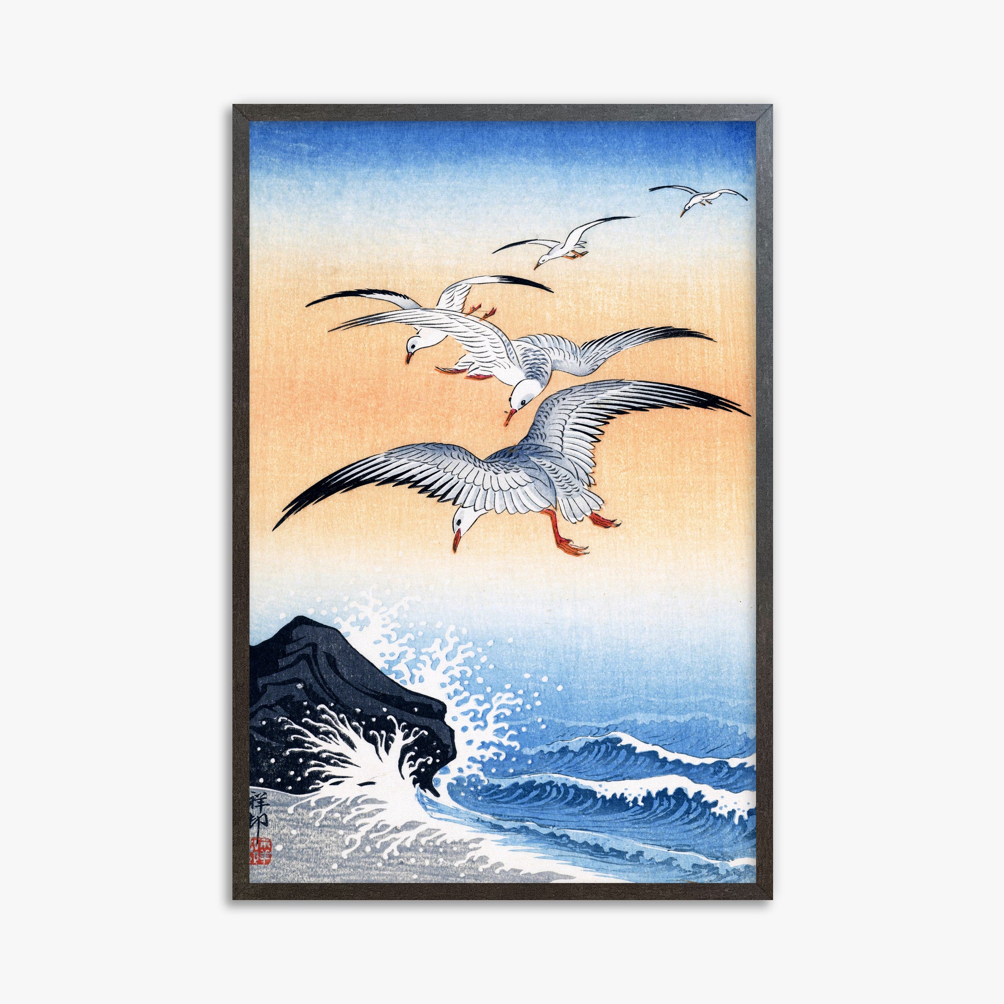 Ohara Koson: Five Seagulls Above Turbulent Sea, 61x91cm Framed Art Reproduction With Espresso Frame
