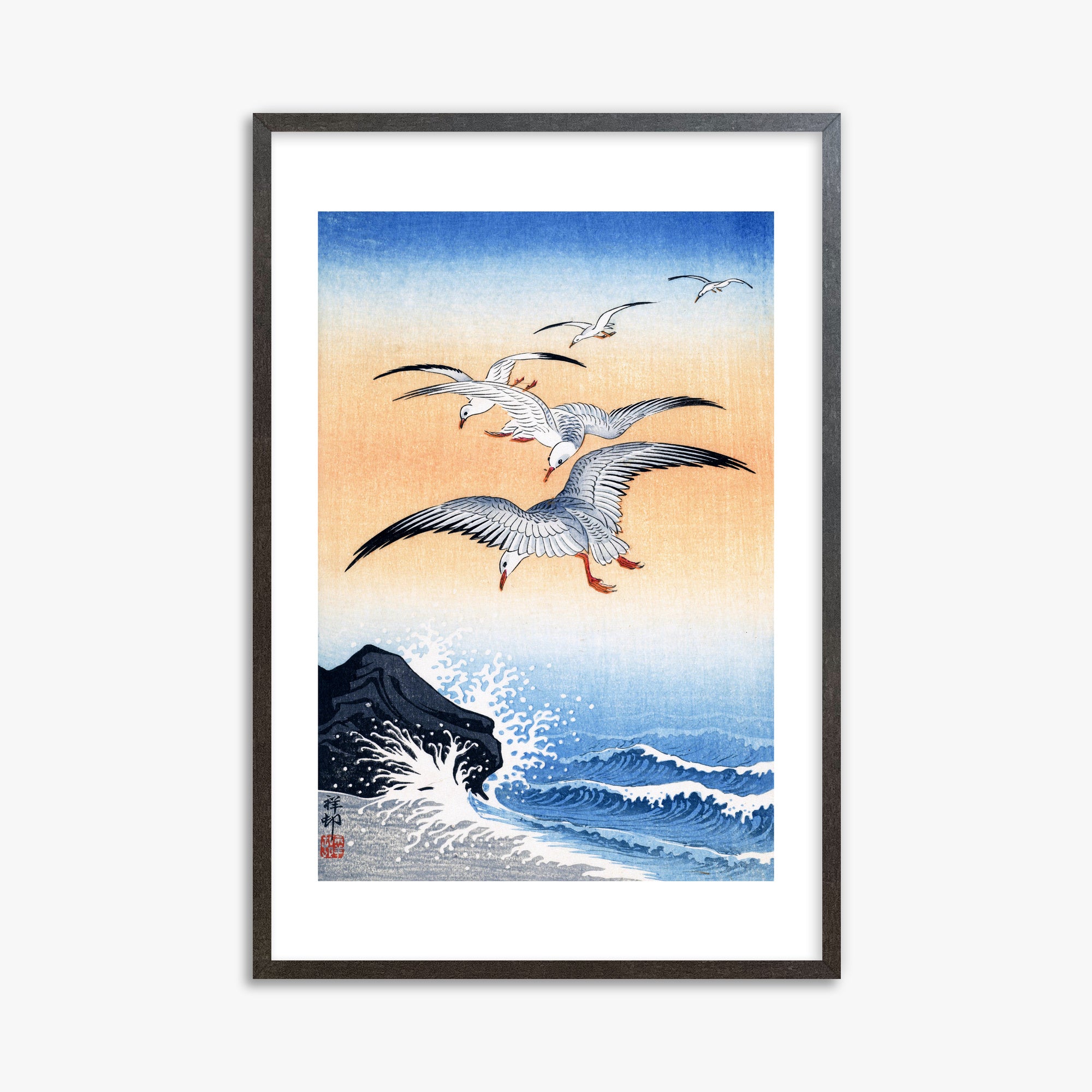 Ohara Koson: Five Seagulls Above Turbulent Sea, 61x91cm Framed Art Reproduction With Espresso Frame