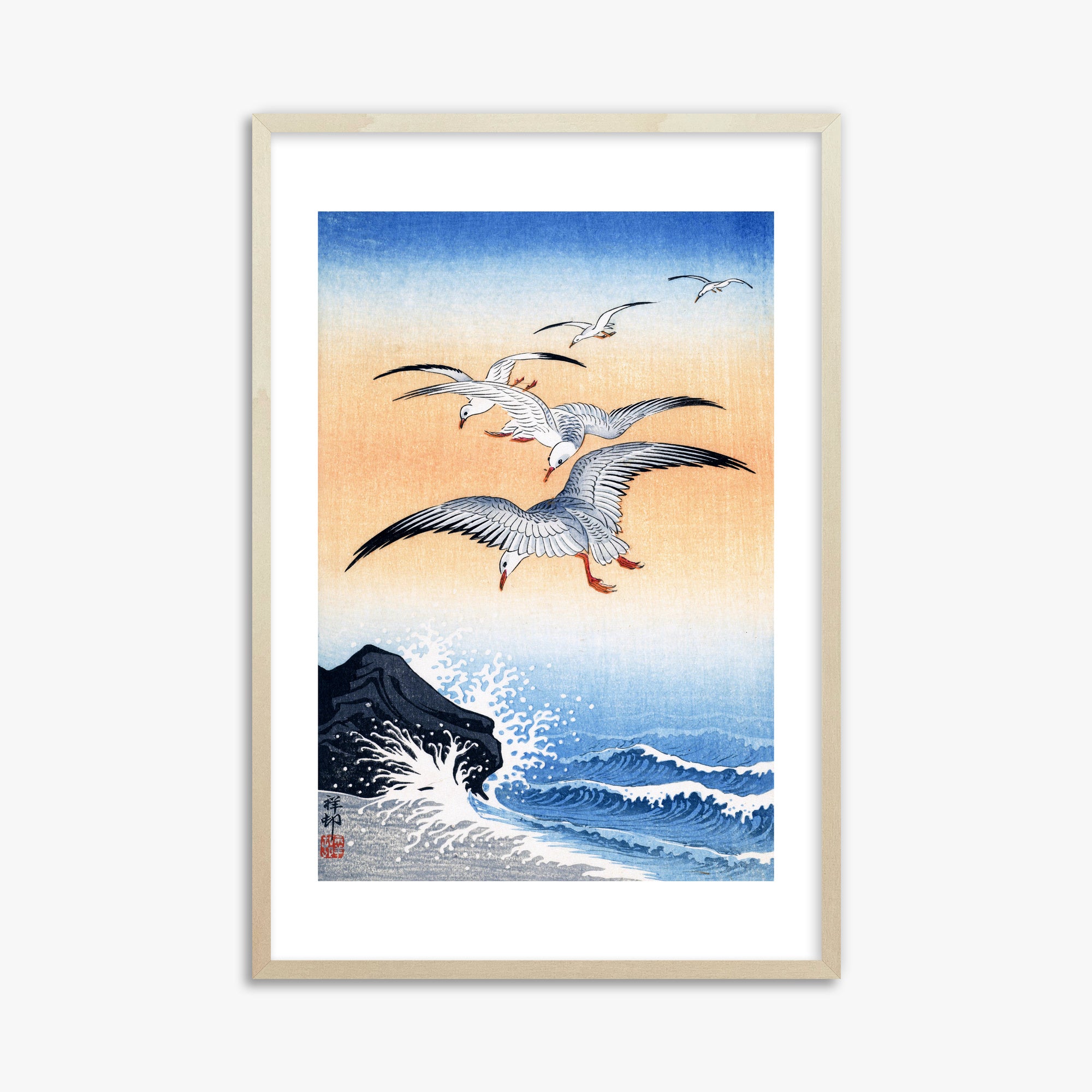 Ohara Koson: Five Seagulls Above Turbulent Sea, 61x91cm Framed Art Reproduction With Lime Wood Frame