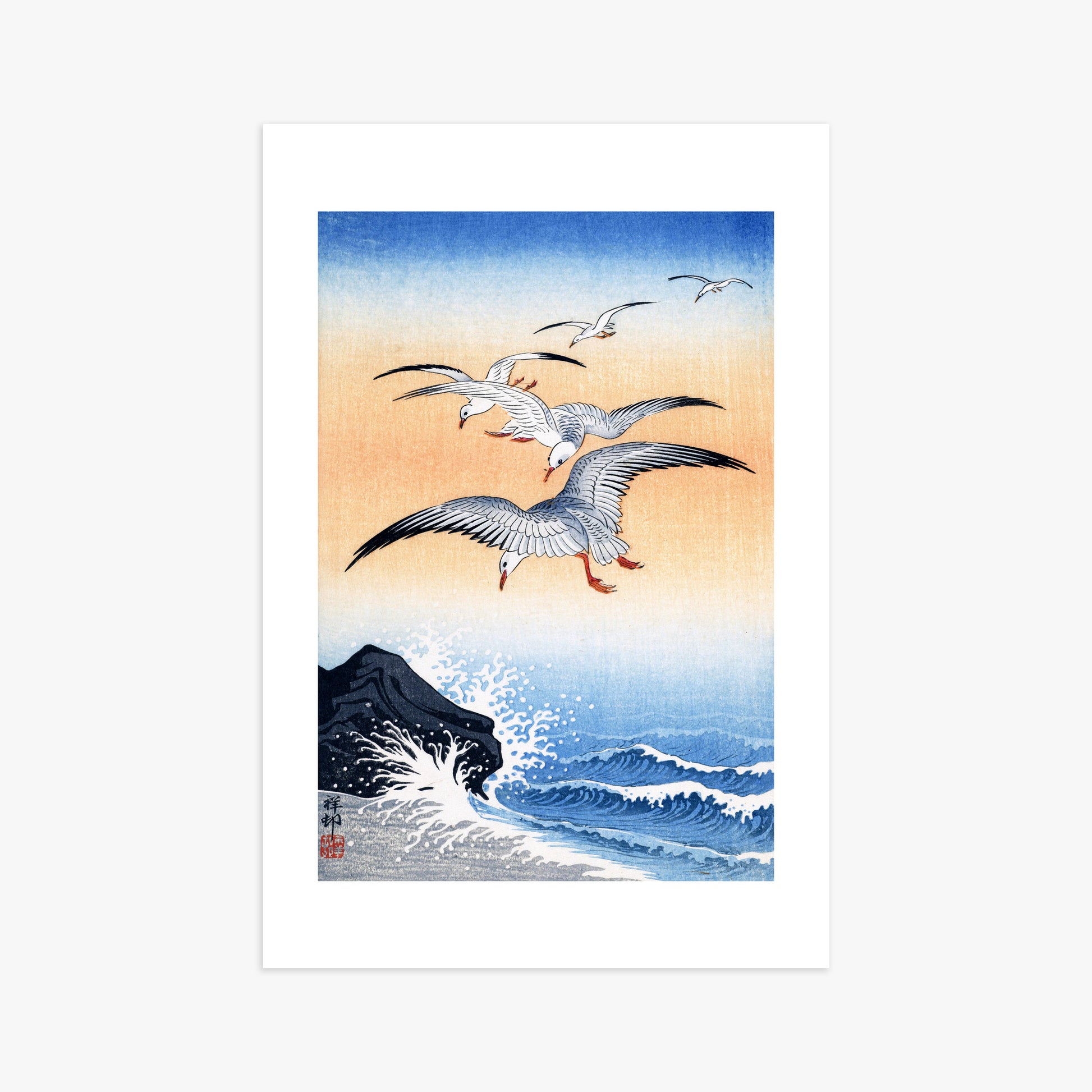 Ohara Koson: Five Seagulls Above Turbulent Sea, 61x91cm Art Reproduction Unframed