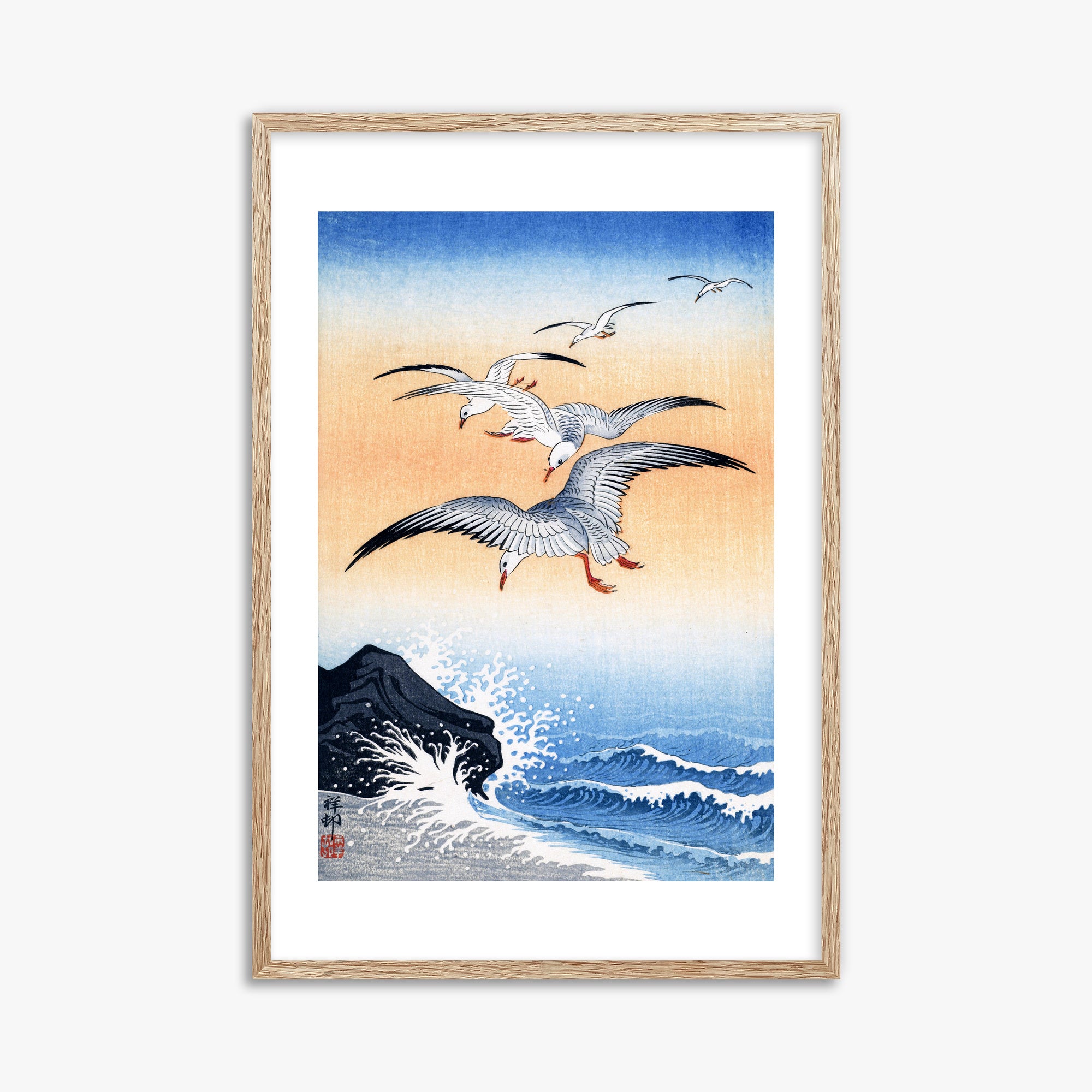 Ohara Koson: Five Seagulls Above Turbulent Sea, 61x91cm Framed Art Reproduction With Raw Oak Frame