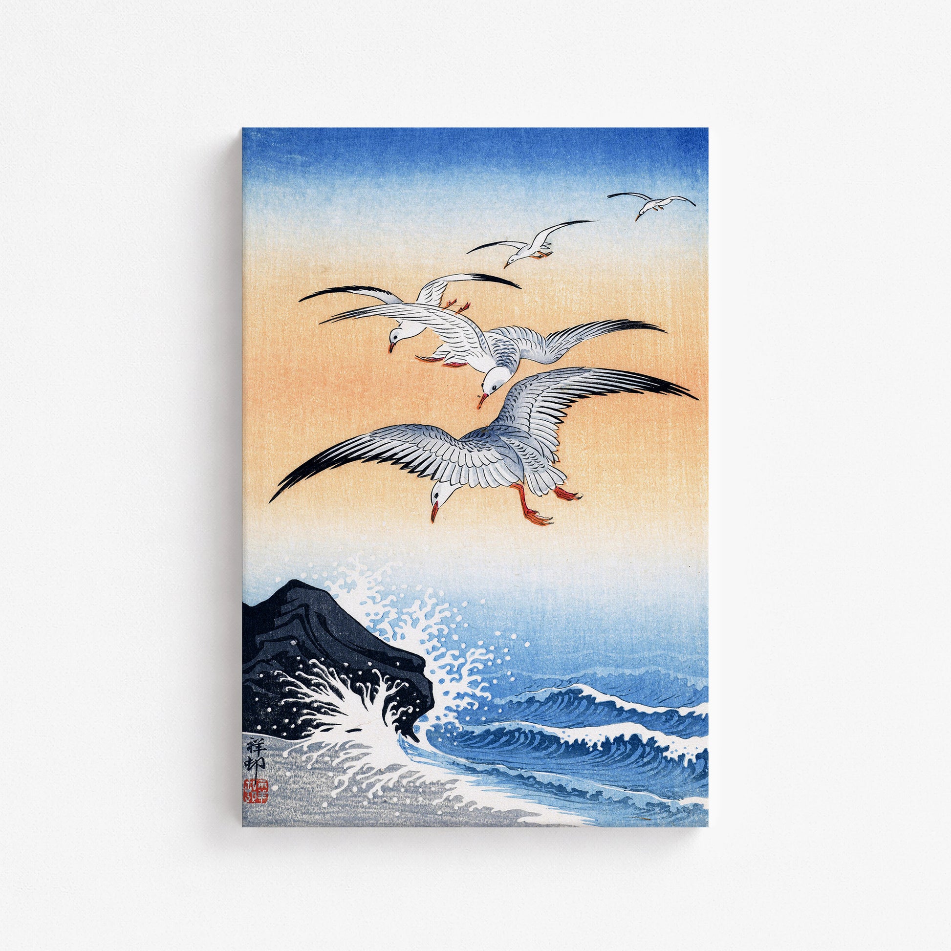 Ohara Koson: Five Seagulls Above Turbulent Sea, 61x91cm Satin Canvas Art Reproduction