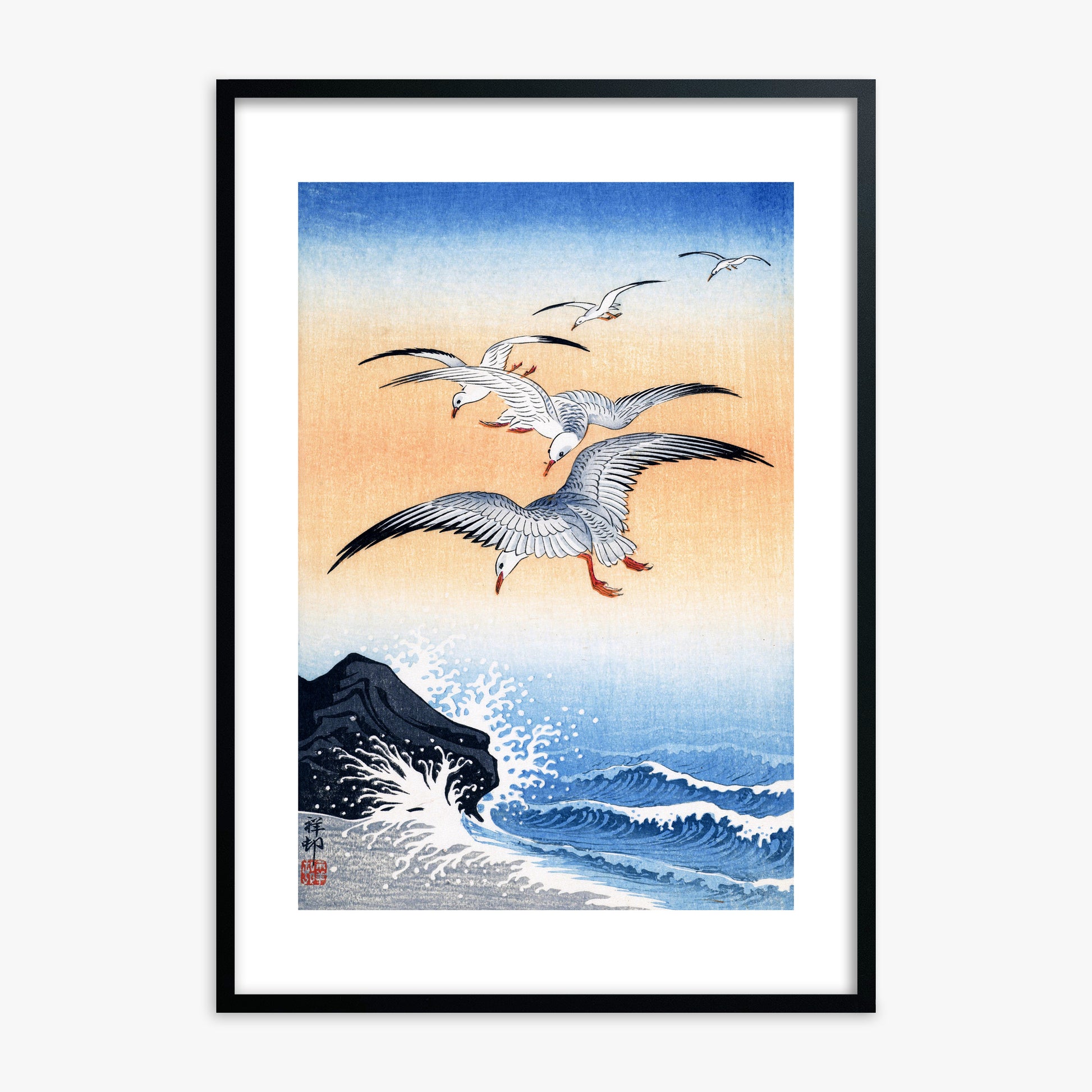 Ohara Koson: Five Seagulls Above Turbulent Sea, Black Framed Art Reproduction With Black Frame