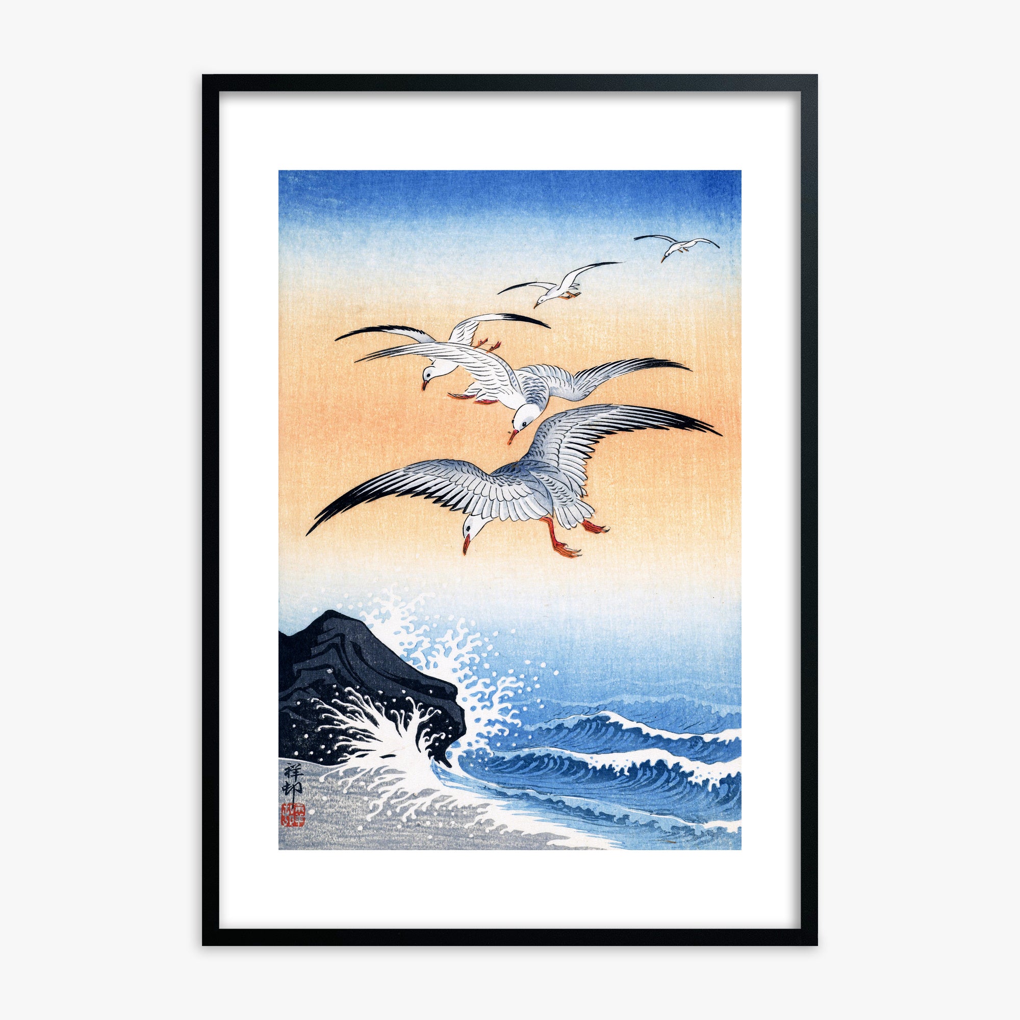 Ohara Koson: Five Seagulls Above Turbulent Sea, Black Framed Art Reproduction With Black Frame
