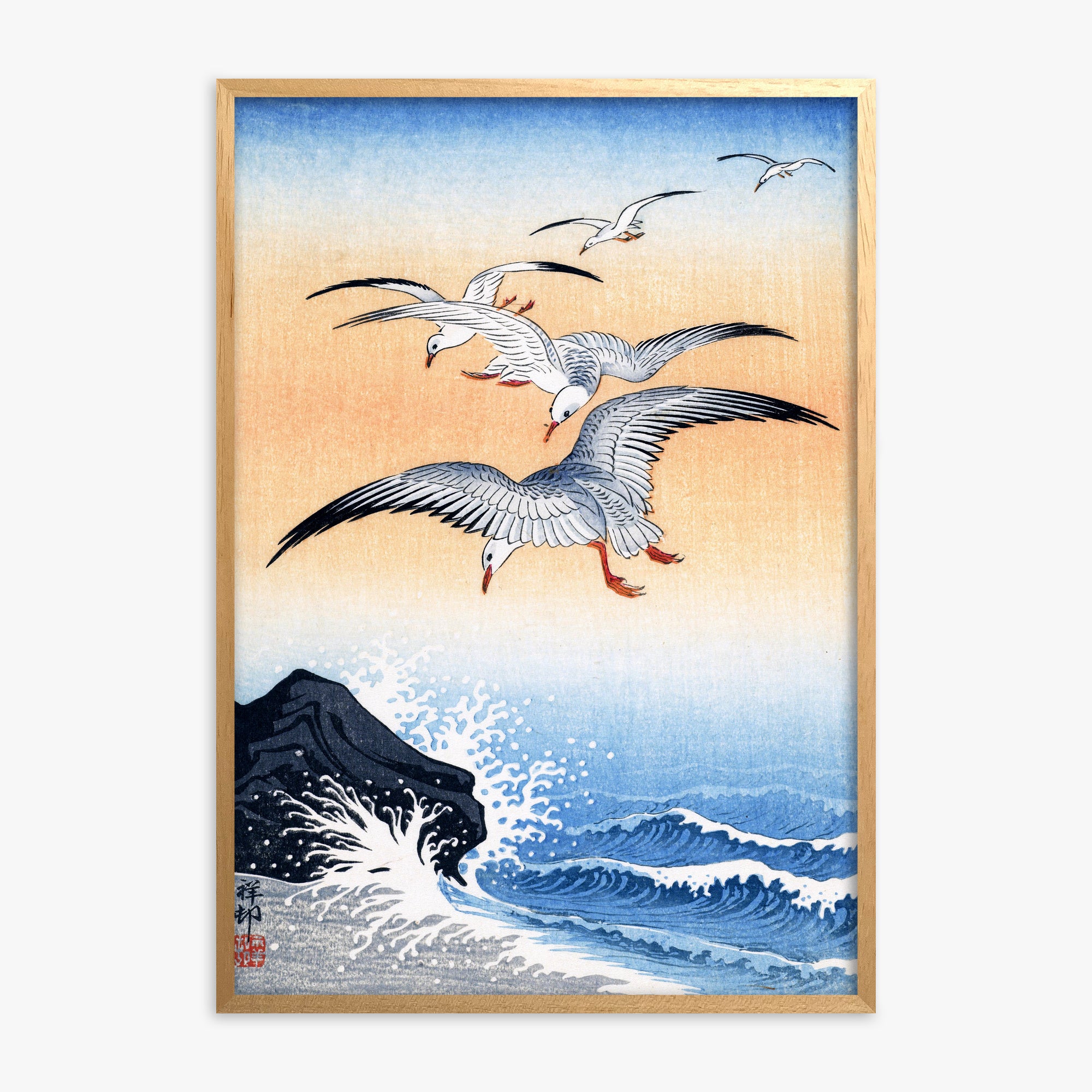 Ohara Koson: Five Seagulls Above Turbulent Sea, Oak Framed Art Reproduction With Oak Frame