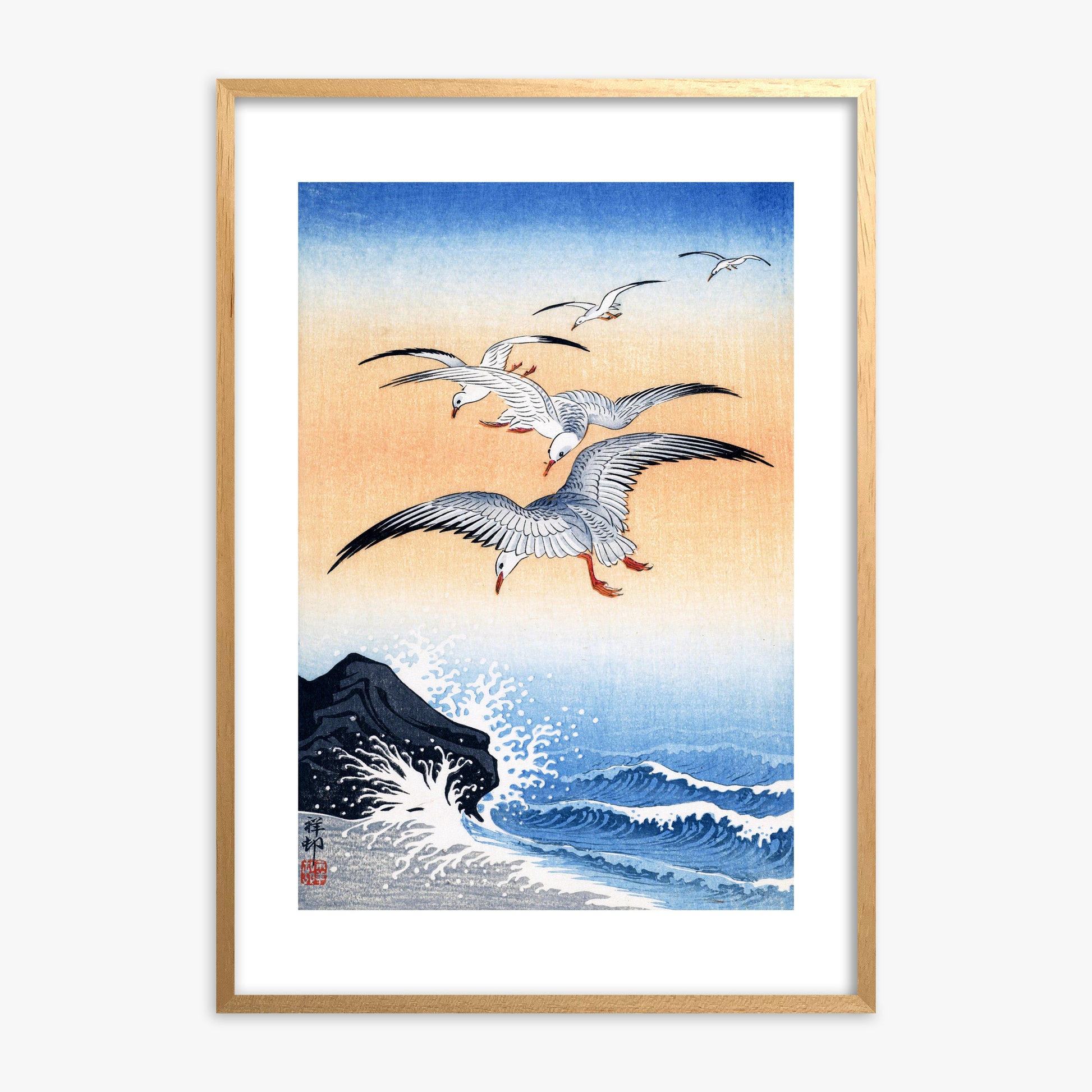 Ohara Koson: Five Seagulls Above Turbulent Sea, Oak Framed Art Reproduction With Oak Frame