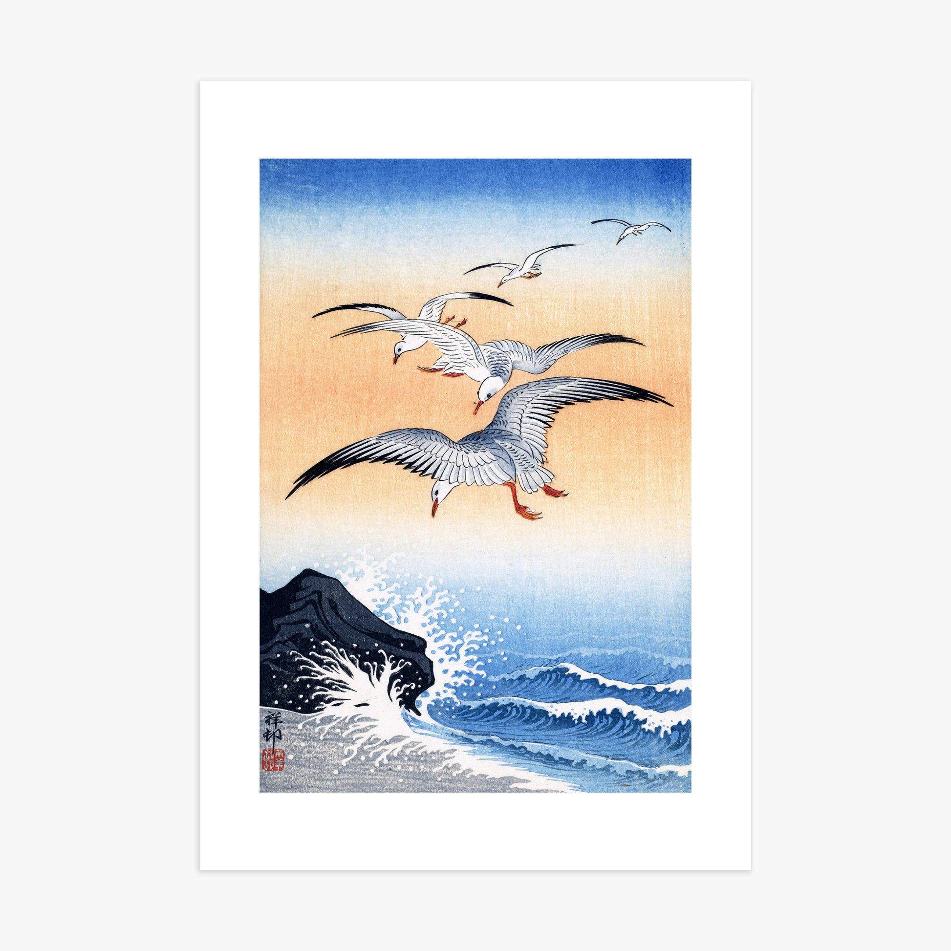 Ohara Koson: Five Seagulls Above Turbulent Sea, 70x100cm Art Reproduction Unframed