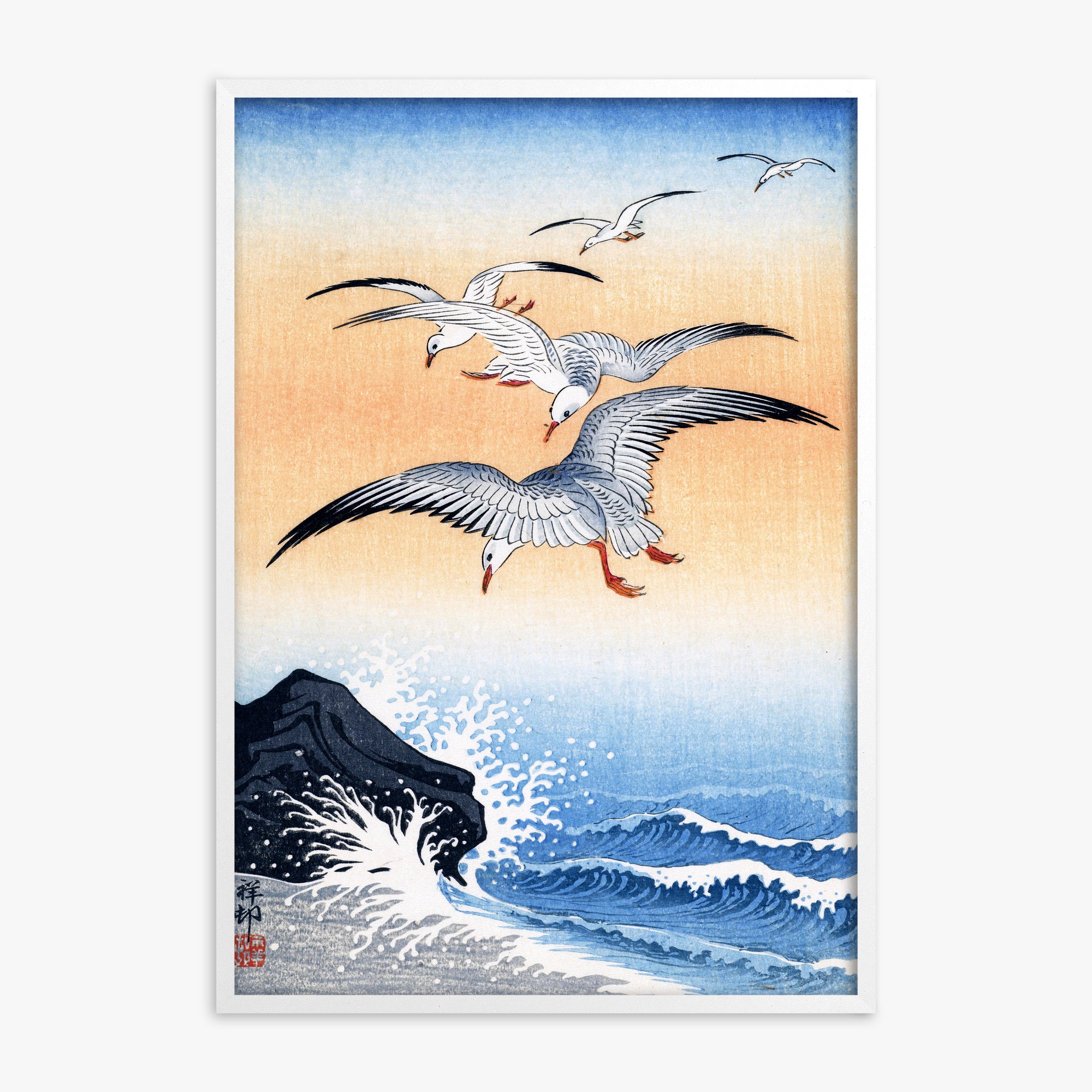 Ohara Koson: Five Seagulls Above Turbulent Sea, White Framed Art Reproduction With White Frame