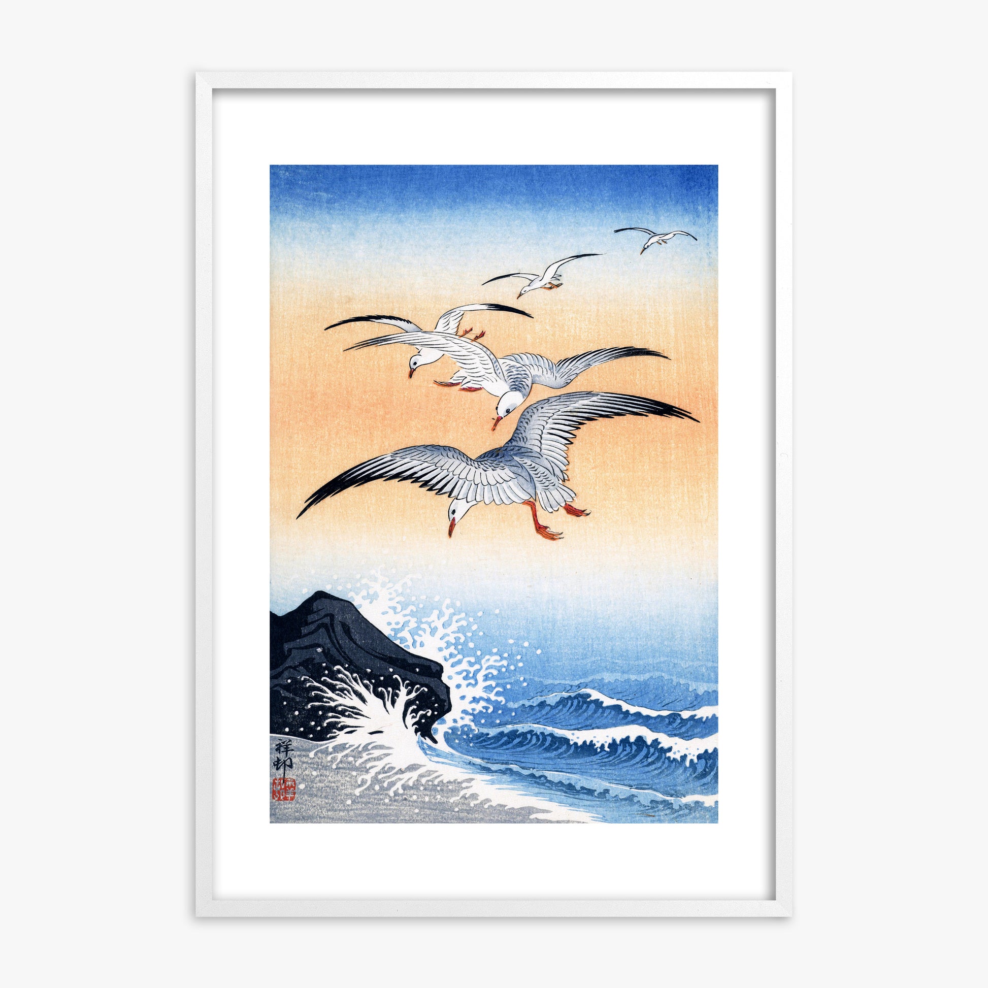 Ohara Koson: Five Seagulls Above Turbulent Sea, White Framed Art Reproduction With White Frame
