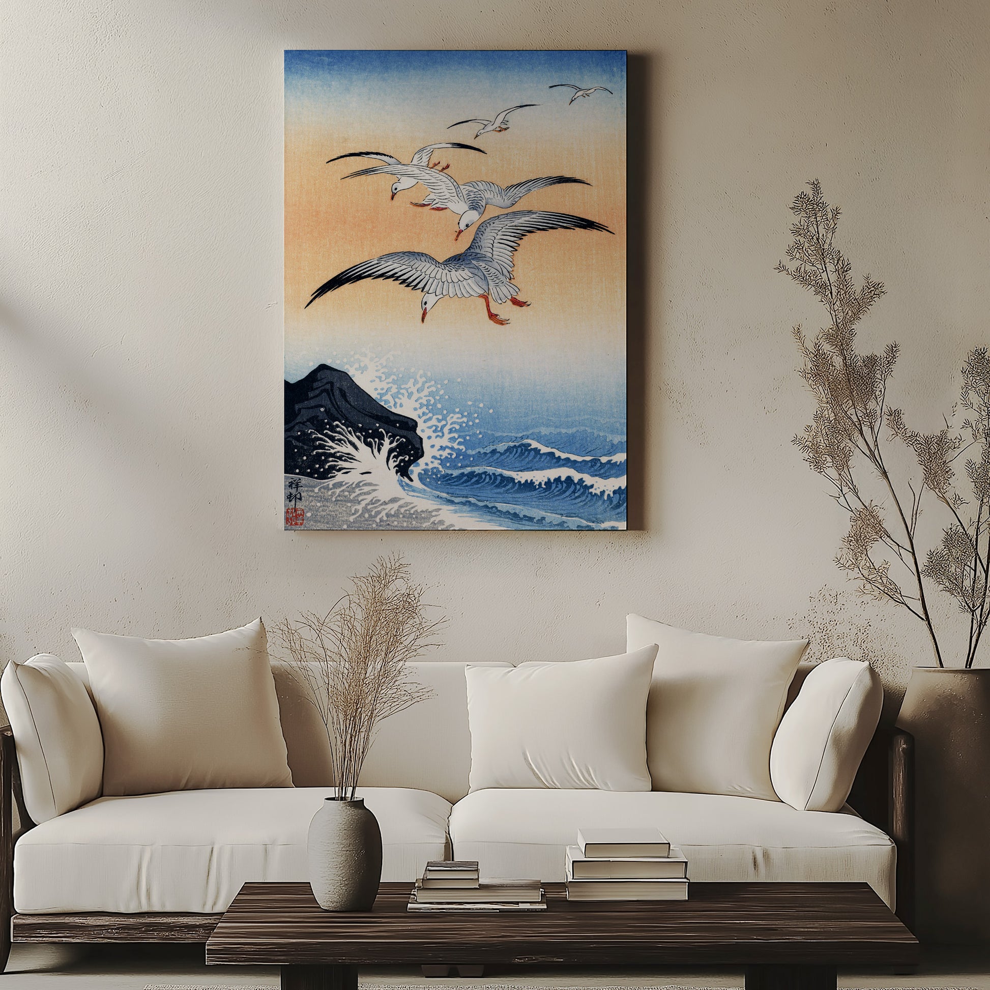 Design Concept No. 57 for Ohara Koson: Five Seagulls Above Turbulent Sea Japanese Wall Art