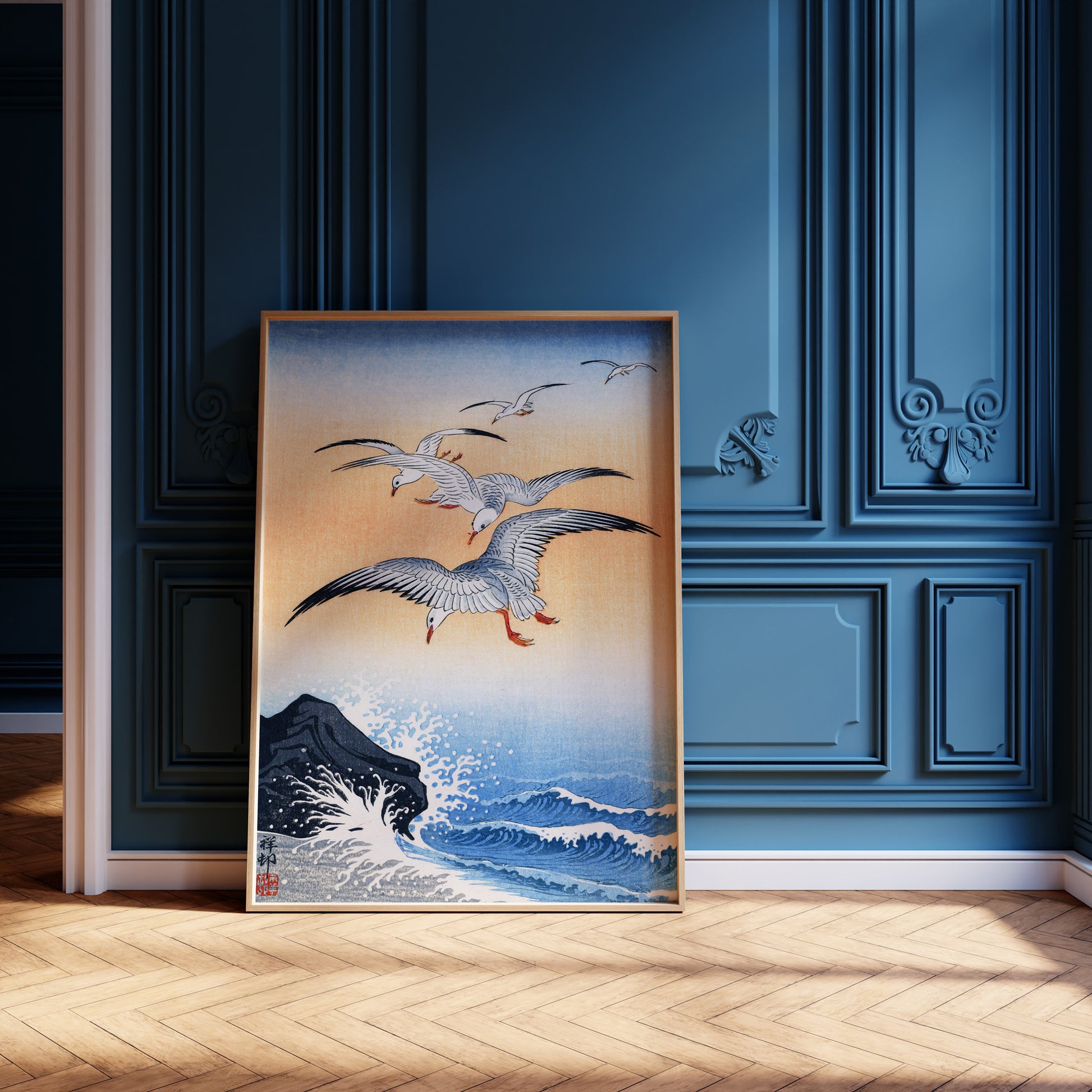 Design Concept No. 12 for Ohara Koson: Five Seagulls Above Turbulent Sea Japanese Wall Art