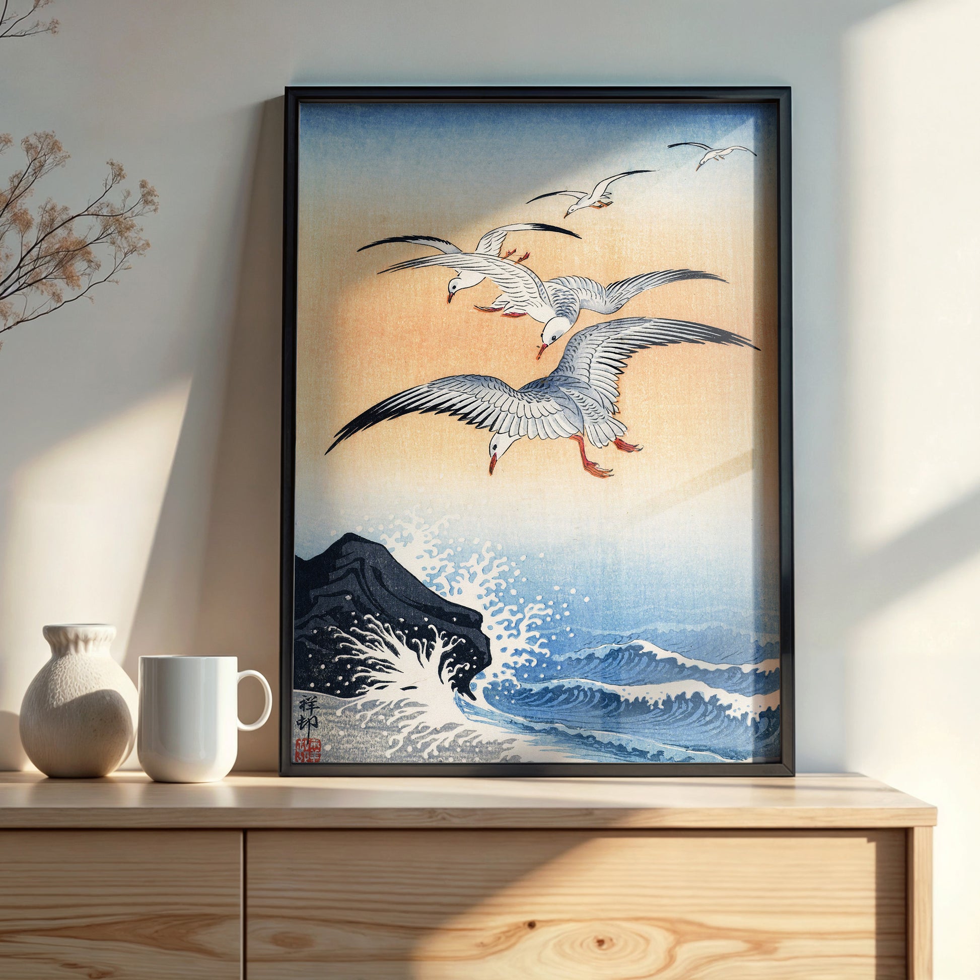 Design Concept No. 22 for Ohara Koson: Five Seagulls Above Turbulent Sea Japanese Wall Art
