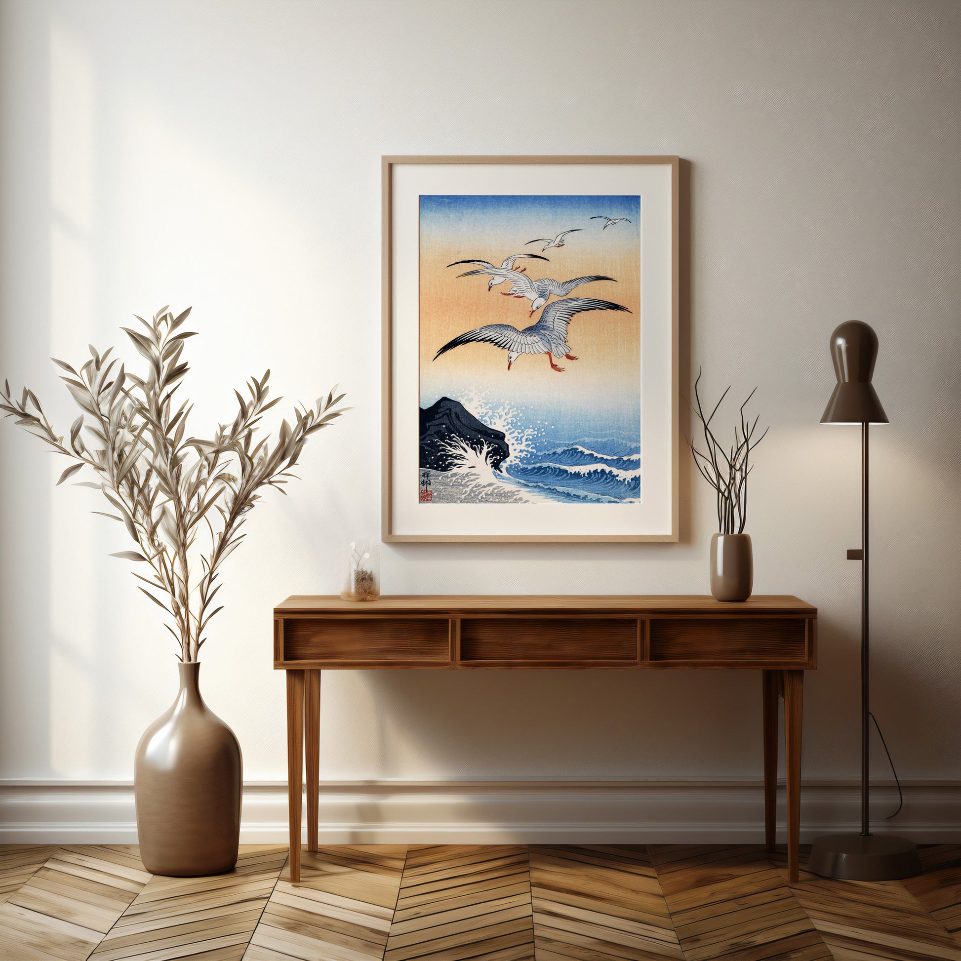 Design Concept No. 37 for Ohara Koson: Five Seagulls Above Turbulent Sea Japanese Wall Art