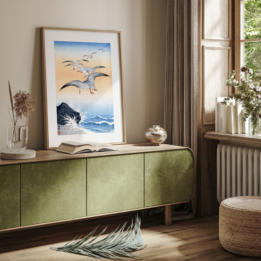 Ohara Koson: Five Seagulls Above Turbulent Sea, 50x70cm Framed Art Reproduction With Black Frame
