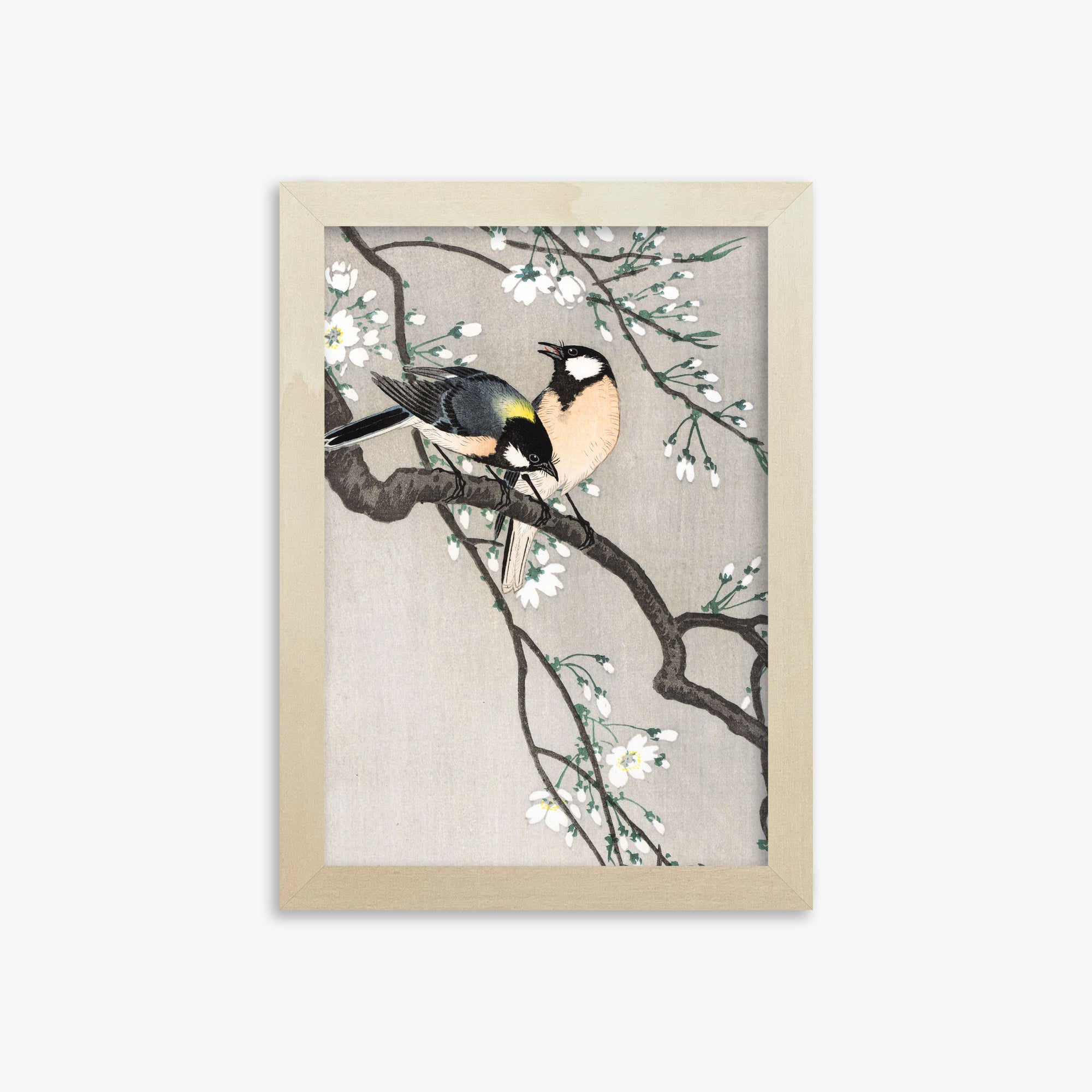Ohara Koson: Tits on Cherry Branch, 21x30cm Framed Art Reproduction With Lime Wood Frame