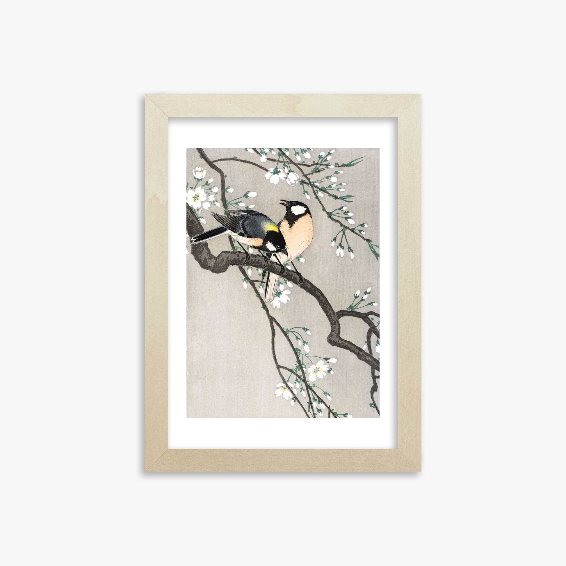 Ohara Koson: Tits on Cherry Branch, 21x30cm Framed Art Reproduction With Lime Wood Frame