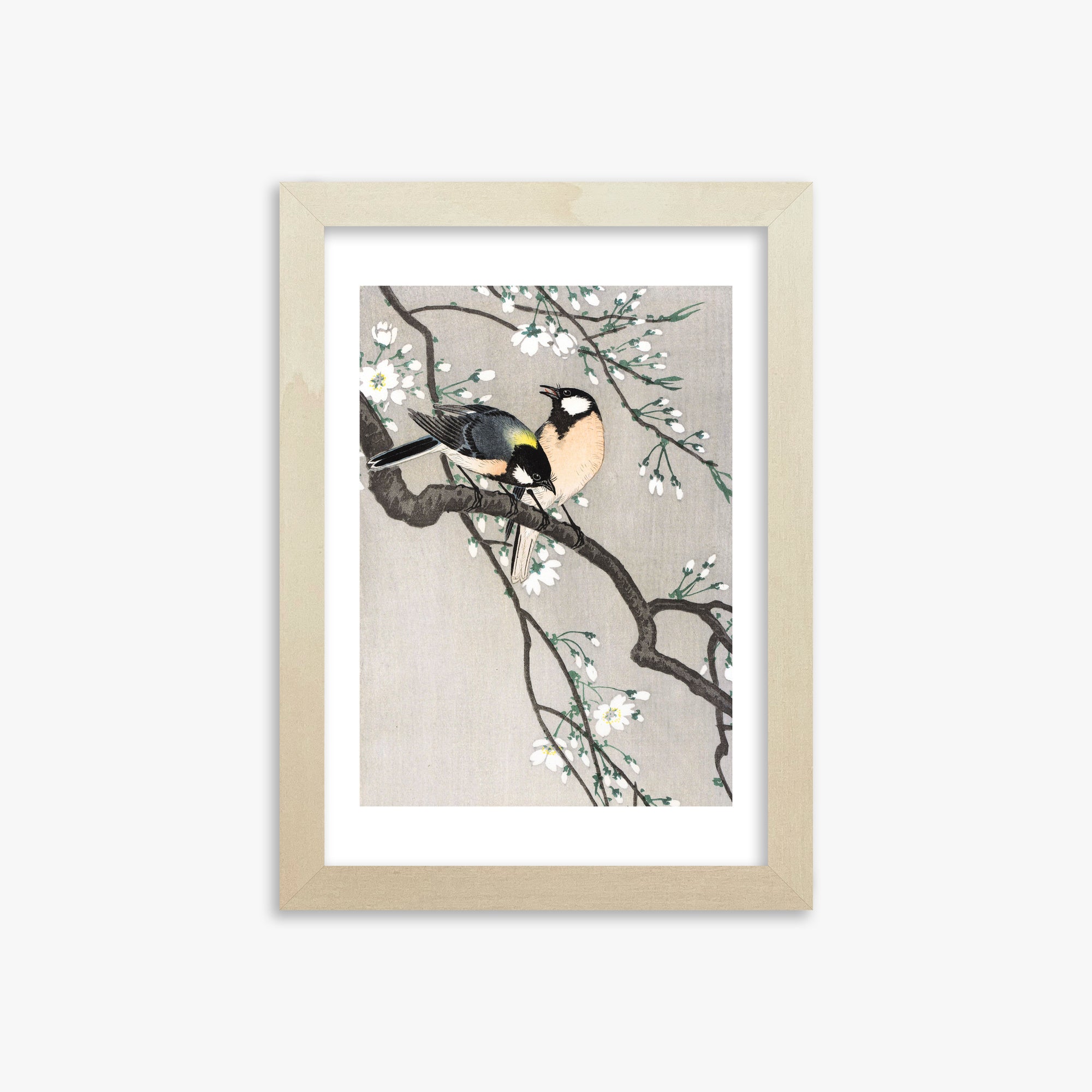 Ohara Koson: Tits on Cherry Branch, 21x30cm Framed Art Reproduction With Lime Wood Frame