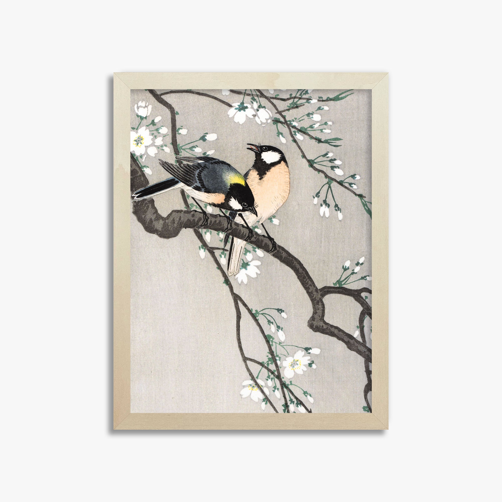 Ohara Koson: Tits on Cherry Branch, 30x40cm Framed Art Reproduction With Lime Wood Frame