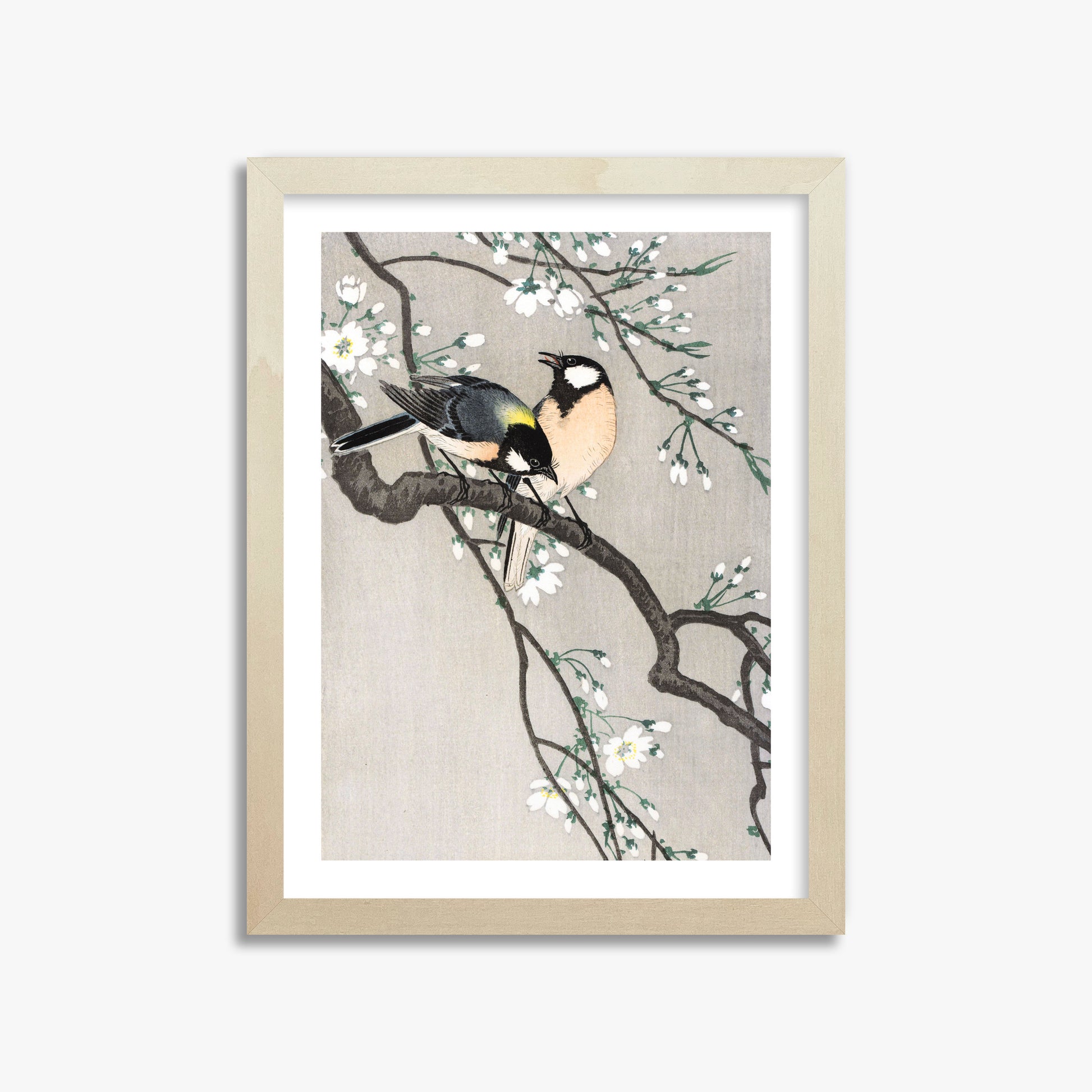 Ohara Koson: Tits on Cherry Branch, 30x40cm Framed Art Reproduction With Lime Wood Frame