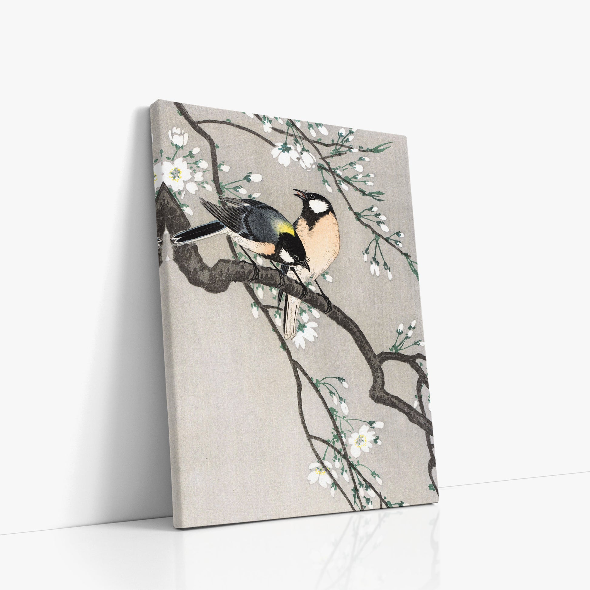 Ohara Koson: Tits on Cherry Branch, 50x70cm Satin Canvas Art Reproduction Left Angle