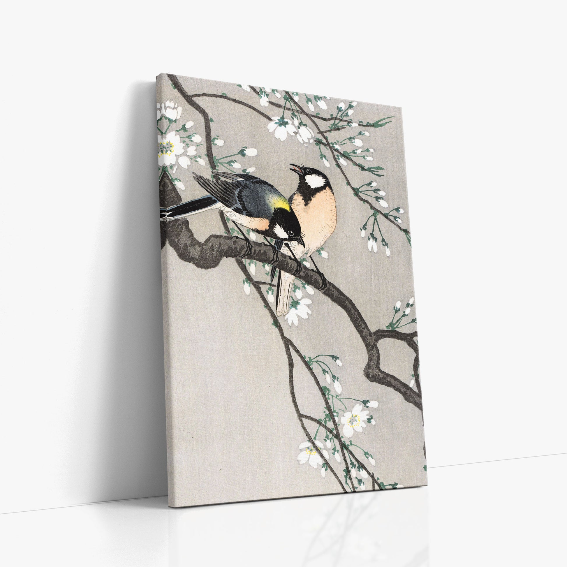 Ohara Koson: Tits on Cherry Branch, 60x90cm Satin Canvas Art Reproduction Left Angle