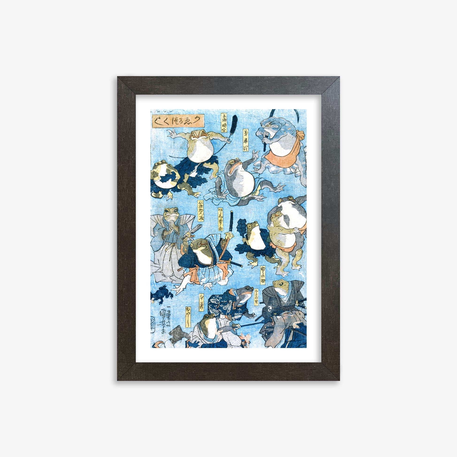 Utagawa Kuniyoshi: Famous Heroes of the Kabuki Stage Played by Frogs, 21x30cm Framed Art Reproduction With Espresso Frame