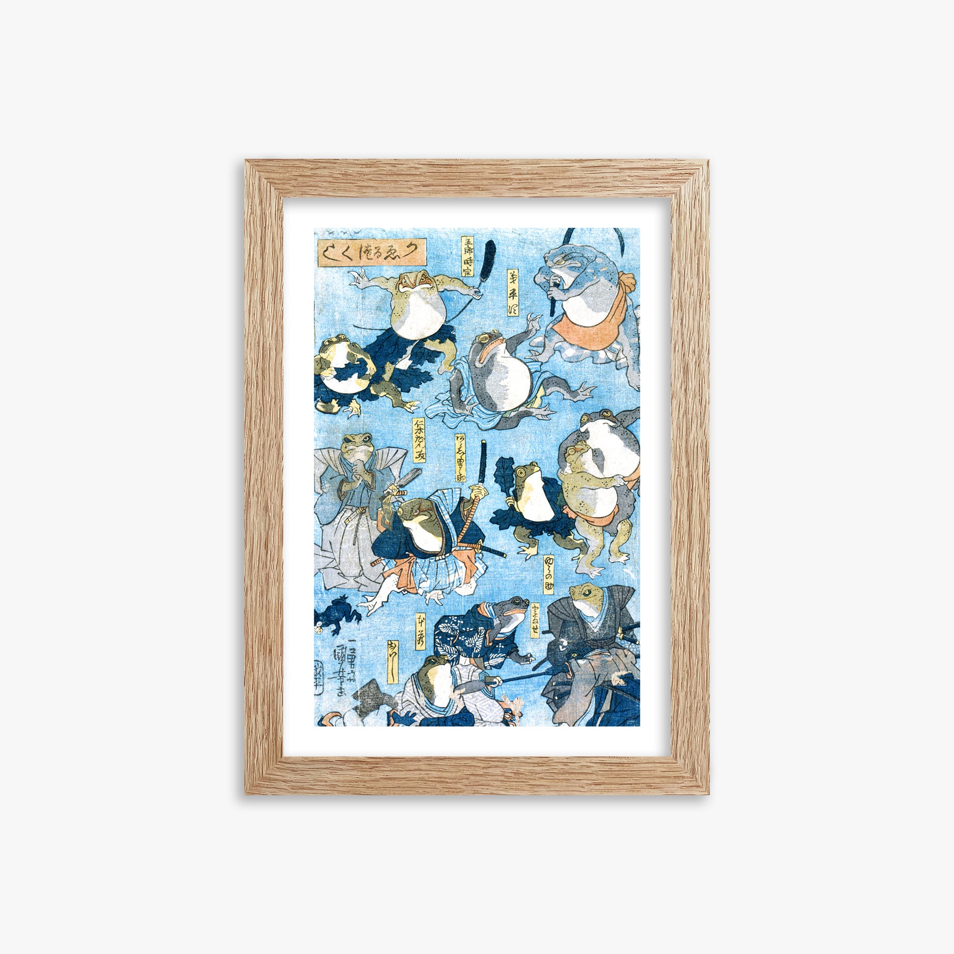 Utagawa Kuniyoshi: Famous Heroes of the Kabuki Stage Played by Frogs, 21x30cm Framed Art Reproduction With Raw Oak Frame